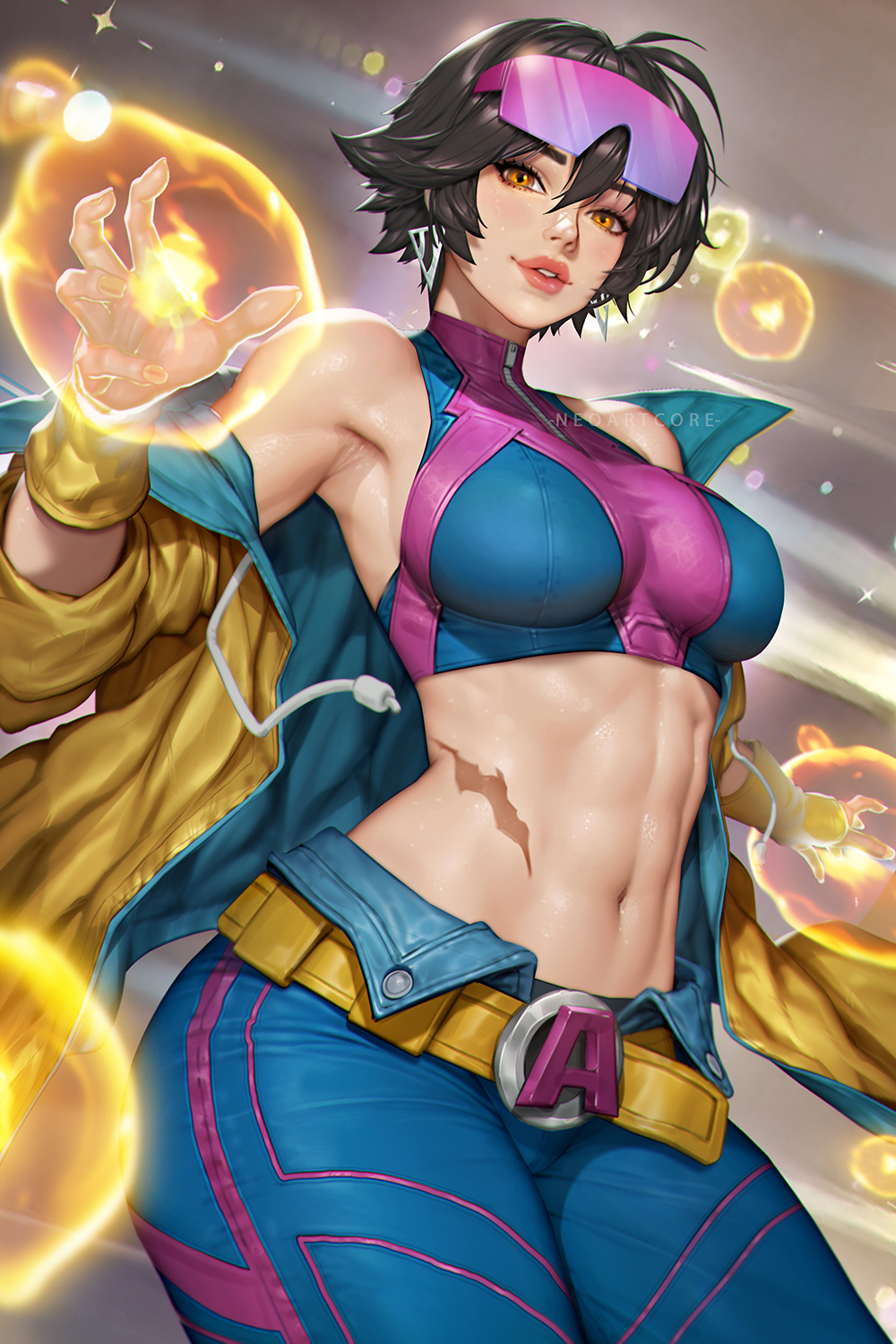 1girls, 2d, abs, armpit, armpits, belt, big lips, clothed, clothed female, female, female only, fireworks, fully clothed, glasses, jacket, jubilation lee, jubilee, jubilee (marvel rivals), magic, marvel, marvel rivals, midriff, midriff baring shirt, navel, neoartcore, nipples, nipples visible through clothing, pants, scar, scar on stomach, solo, solo female, tagme, x-men, yellow eyes