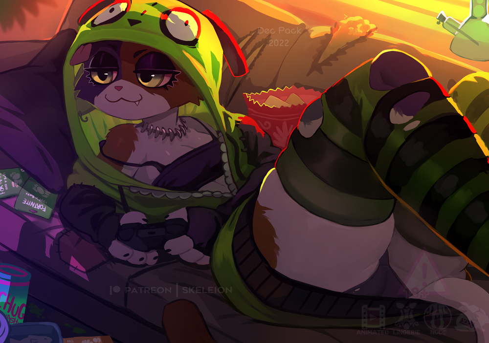 anthro, anthro only, big thighs, fortnite, meow skulls (fortnite), playing videogame, skeleion, thighs, underside view