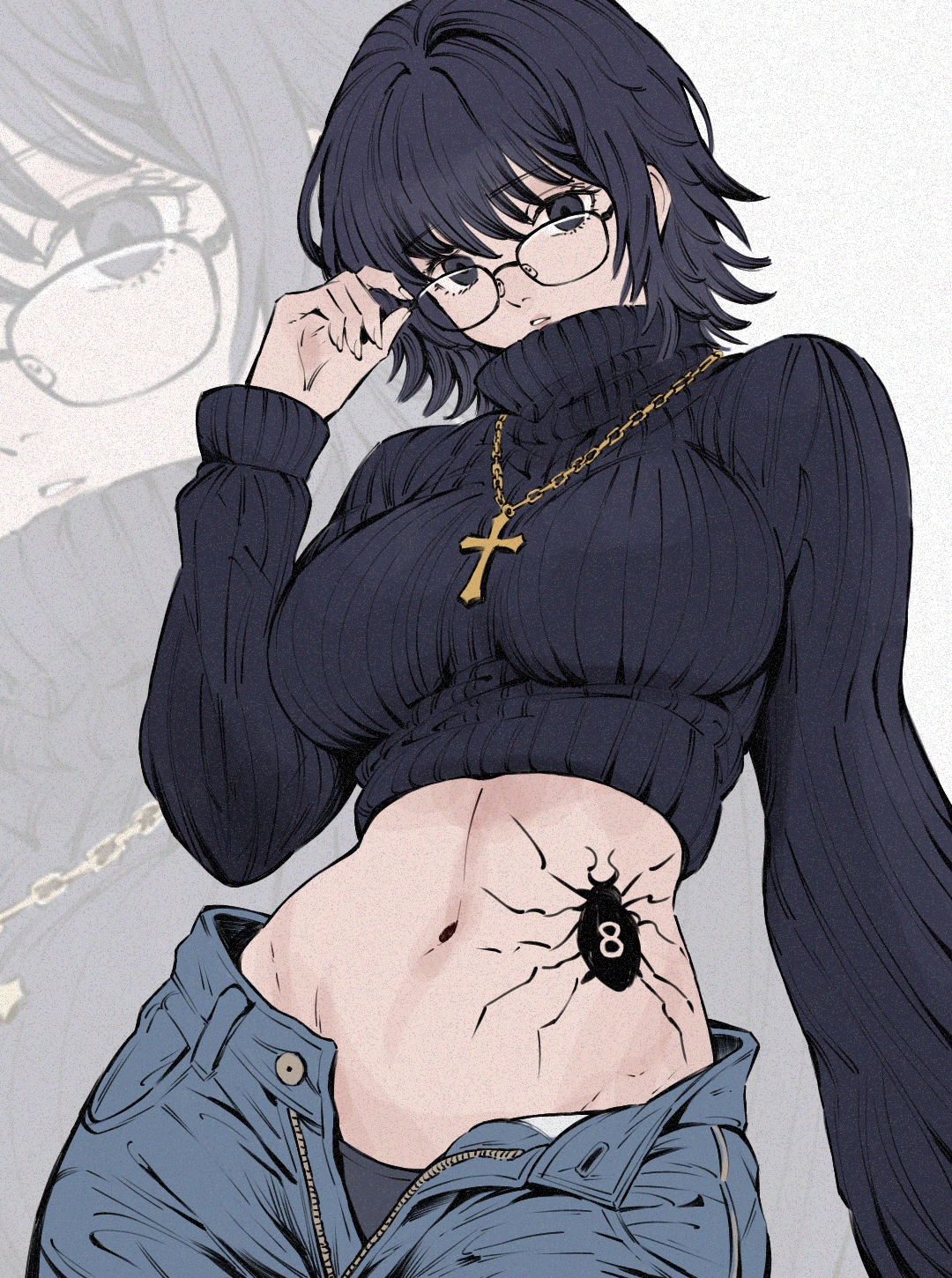 1girl, adjusting eyewear, artist request, big breasts, black hair, black sweater, blue jeans, blue pants, breasts, chain necklace, commentary, cropped sweater, cross, cross necklace, denim, glasses, highres, hunter x hunter, jewelry, large breasts, long sleeves, looking at viewer, midriff, navel, necklace, open fly, pants, parted lips, phantom troupe, shizuku murasaki, solo, spider tattoo, stomach, stomach tattoo, sweater, tattoo, turtleneck, turtleneck sweater, unzipped pants, upper body, zoom layer