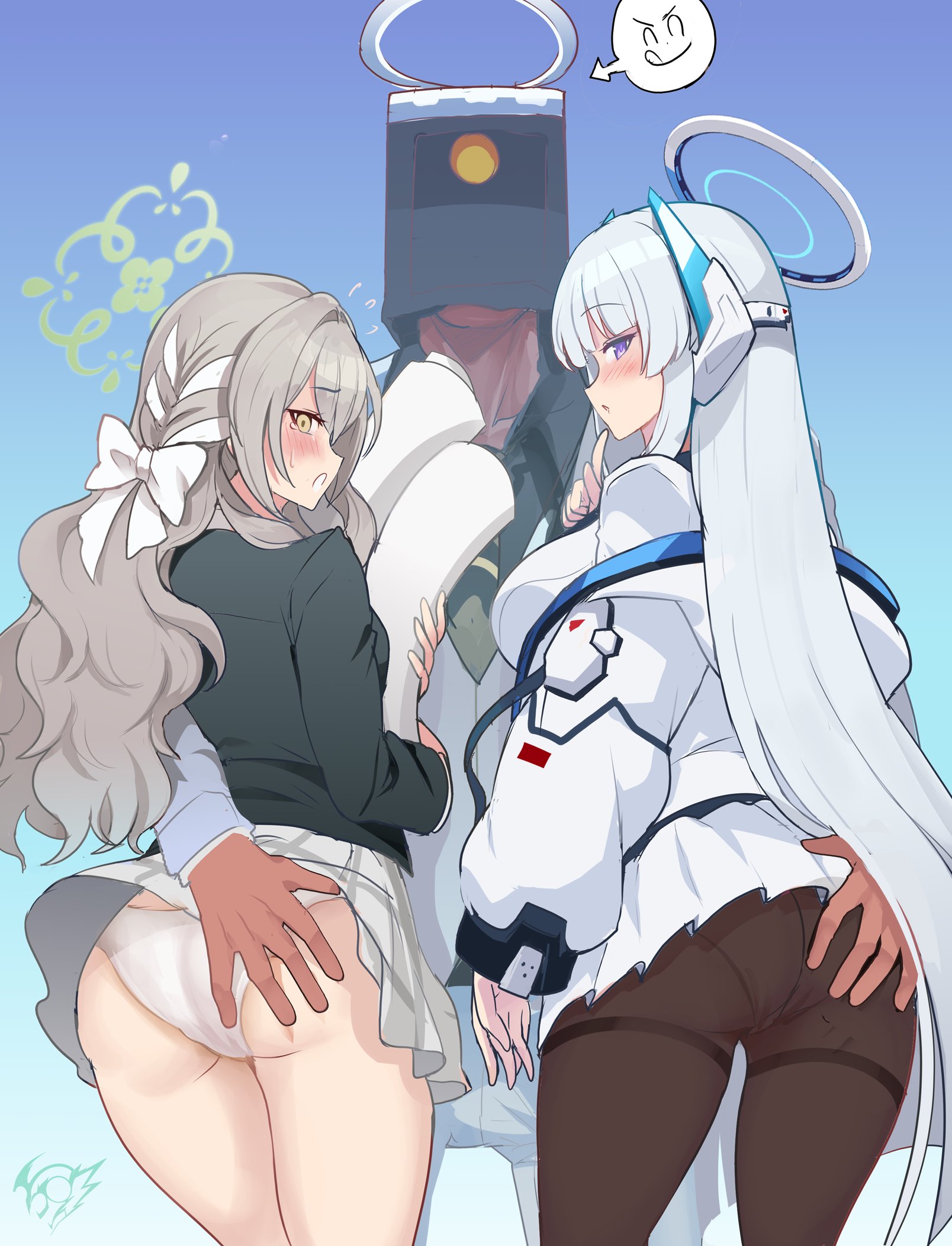 1boy, 2girls, ass, big ass, blue archive, blue background, blush, breasts, brown pantyhose, doodle sensei (blue archive), embarrassed, female, female focus, ffm threesome, finger to own chin, from behind, grabbing another's ass, green halo, grey hair, groping, group sex, halo, hetero, highres, jacket, large breasts, long hair, long sleeves, looking back, medium breasts, miyo (blue archive), molestation, multiple girls, noa (blue archive), panties, panties under pantyhose, pantyhose, purple eyes, revolverwingstudios, sensei (blue archive), shirt, skirt, tearing up, thighs, threesome, underwear, very long hair, white hair, white halo, white jacket, white panties, white shirt, white skirt