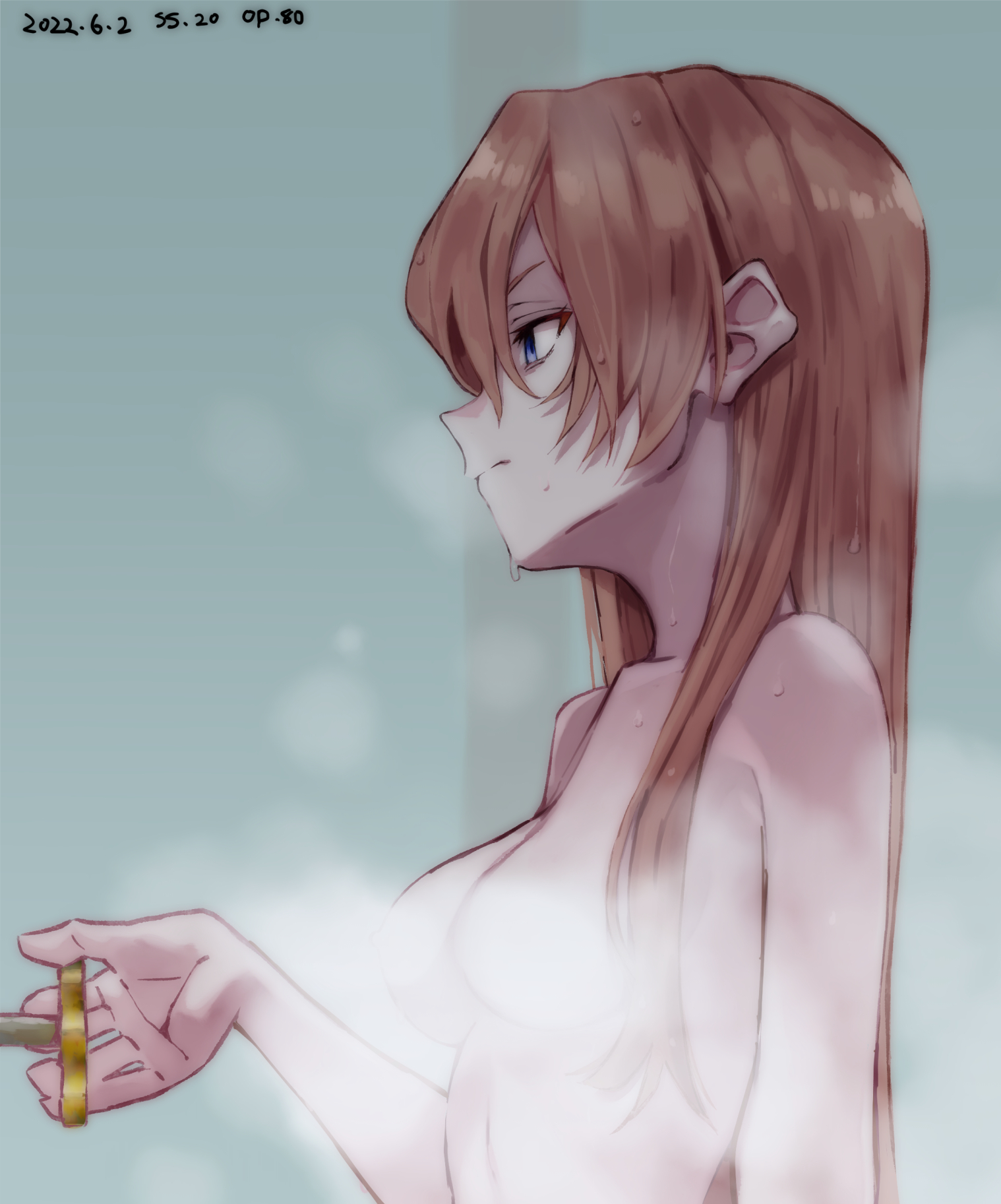 1girl, 1girls, asuka langley sohryu, blue eyes, breasts, brown hair, closed mouth, completely nude, dated, highres, long hair, looking to the side, medium breasts, neon genesis evangelion, nude, simple background, souryuu asuka langley, standing, steam, very long hair, yagisawa teru