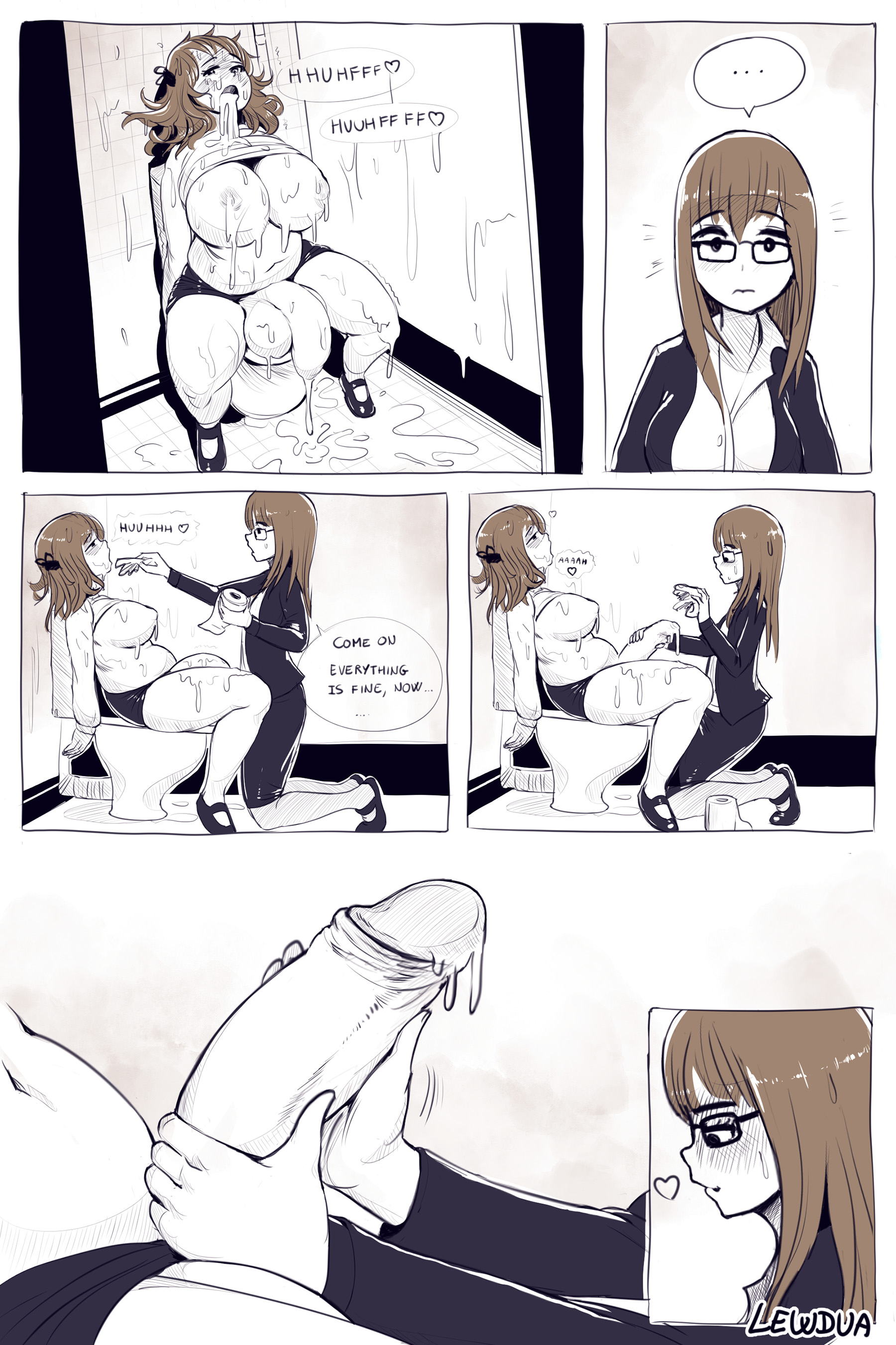 absurdres, areolae, big breasts, breasts, bukkake, comic, cum, cum everywhere, cum on body, cum on breasts, cum on penis, cum on self, dickgirl, erection, female, female on futa, futanari, handjob, highres, huge cock, intersex, karen (lewdua), large breasts, lewdua, monochrome, natasha (lewdua), nipples, penis, sisters, speech bubble, text, thick