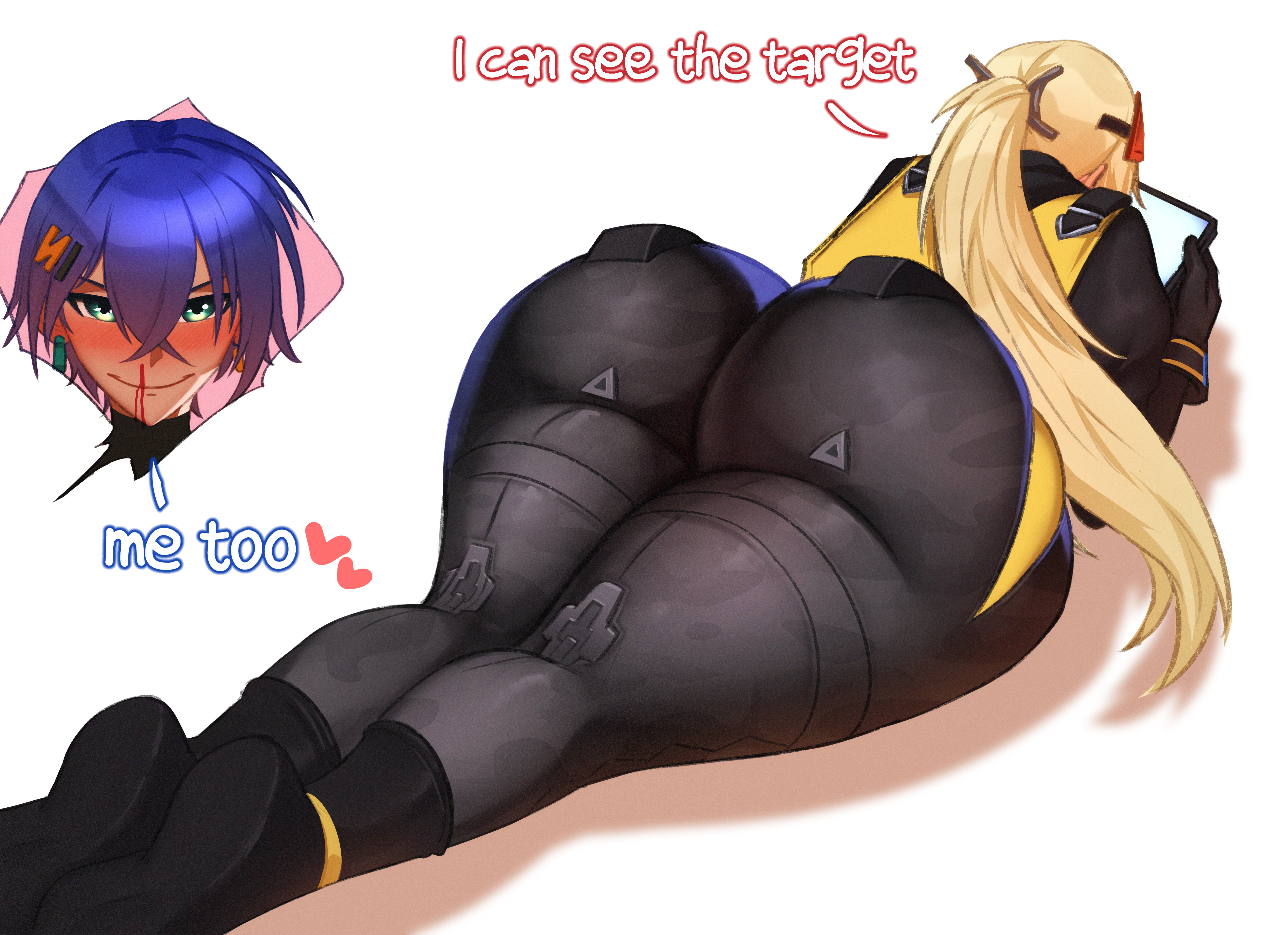 2girls, ass, belle (zenless zone zero), big ass, clothed, clothing, female, female only, hoyoverse, light skin, light-skinned female, meme, mihoyo, mihoyo technology (shanghai) co. ltd., nosebleed, onepen, trigger (zenless zone zero), zenless zone zero