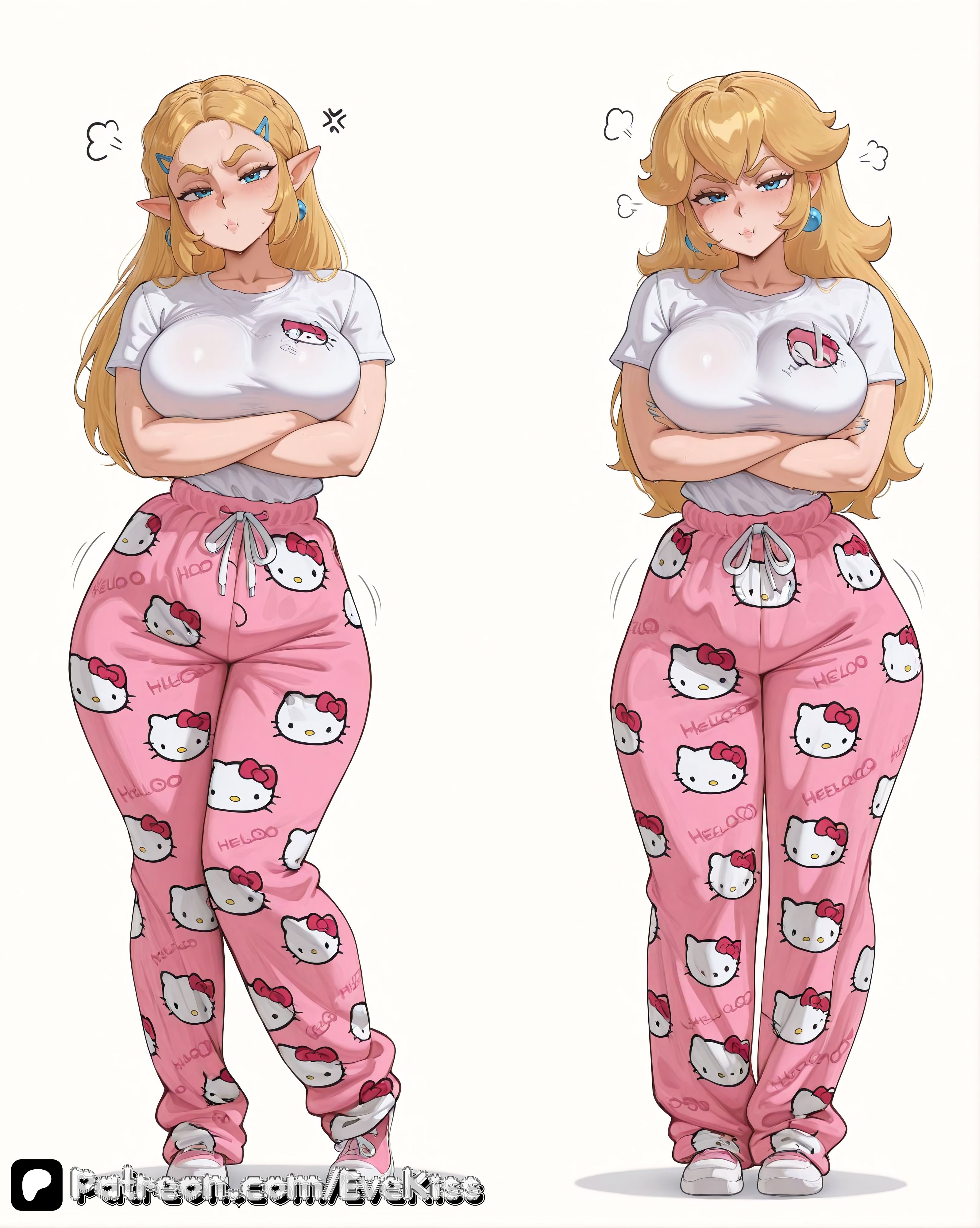 2girls, adorable, ai generated, aqua eyes, blonde, blonde female, blonde hair, blonde-haired female, blue eyes, braided hair, breasts, breasts,, breath of the wild, camel toe, cameltoe, cleavage, clothed, clothed female, curvy, curvy figure, elf ears, evekiss, female, female focus, female only, focus, fully clothed, large breasts, long hair, mario (series), nintendo, nipples covered, pajama, princess peach, princess zelda, sfw, teeth, the legend of zelda, thick thighs, thighs, tight clothes, tight clothing, uncensored, wide hips, zelda (breath of the wild)