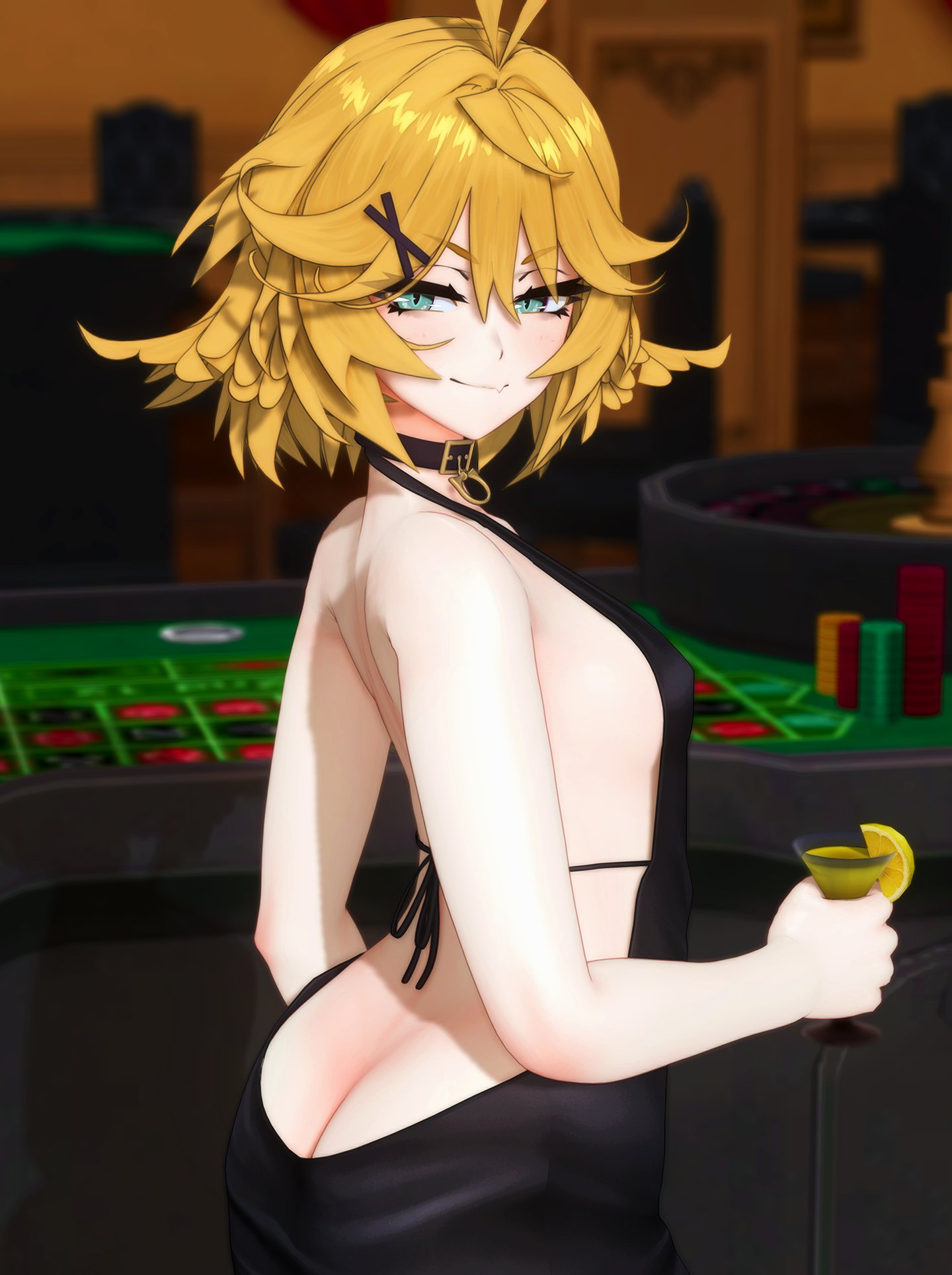1girls, ahoge, ass cleavage, backless dress, blonde hair, choker, dokibird, head wings, indie virtual youtuber, looking at viewer, loshi, sideboob, small breasts, virtual youtuber