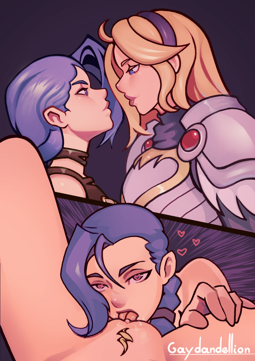 blonde hair, blue hair, gaydandellion, jinx (league of legends), league of legends, lesbian couple, lesbian sex, luxanna crownguard, yuri