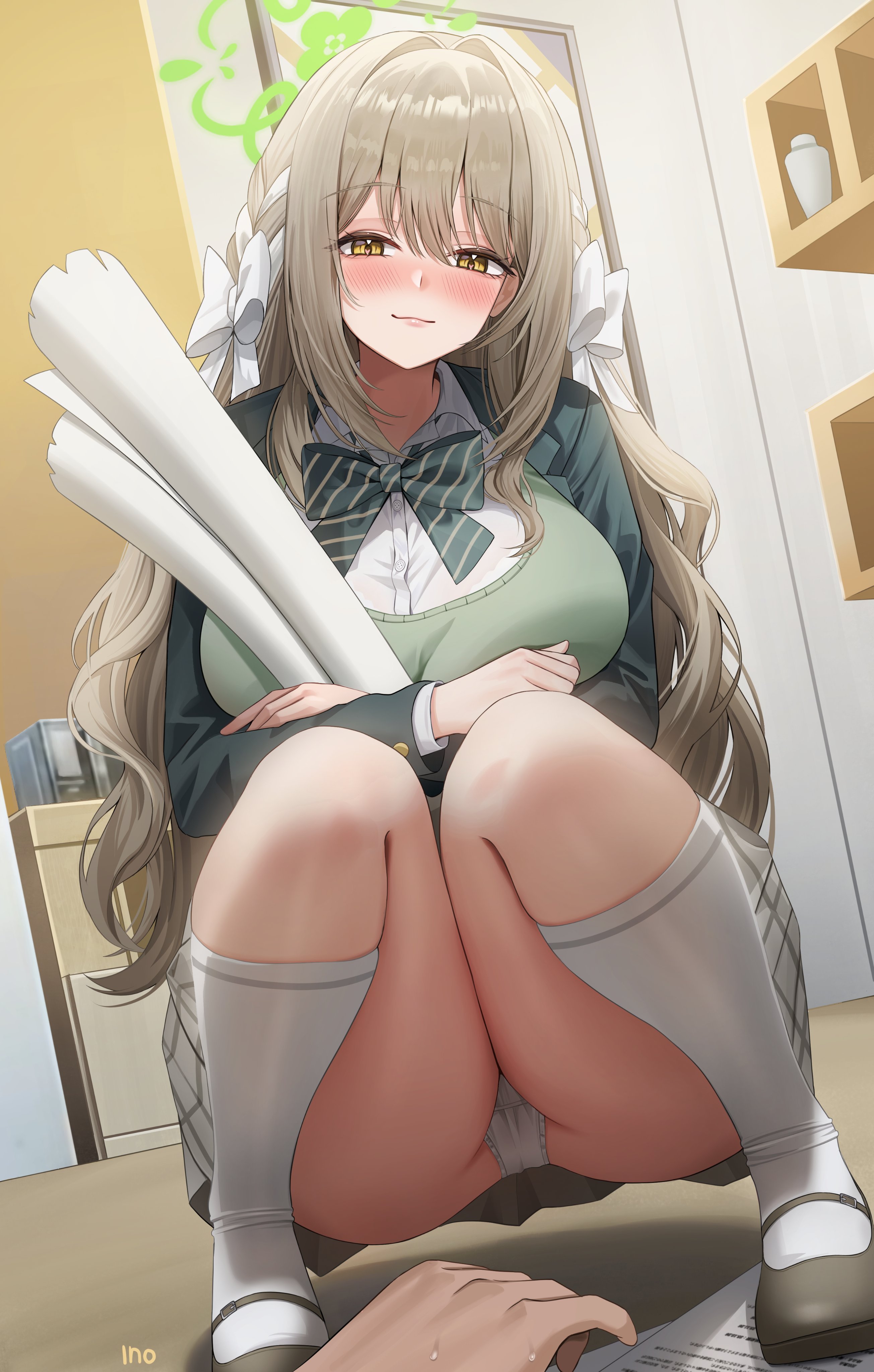 1boy, 1girl, ass visible through thighs, blue archive, blush, dominant female, holding paper, huge ass, large breasts, looking at viewer, male hand, male pov, miyo (blue archive), nose blush, paper, paper roll, pov, smile, squatting
