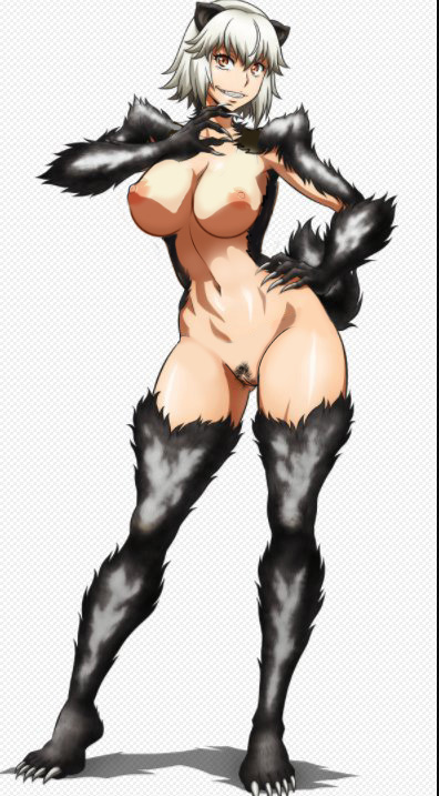 1girls animal_ears areolae armpits belly big_breasts breasts claws edit feet female female_only fur grey_background grey_fur hand_on_hips killing_bites monster_girl navel nipples nude orange_eyes pubic_hair pussy shadow short_hair smile solo standing tail teeth toes transformation uzaki_hitomi white_hair