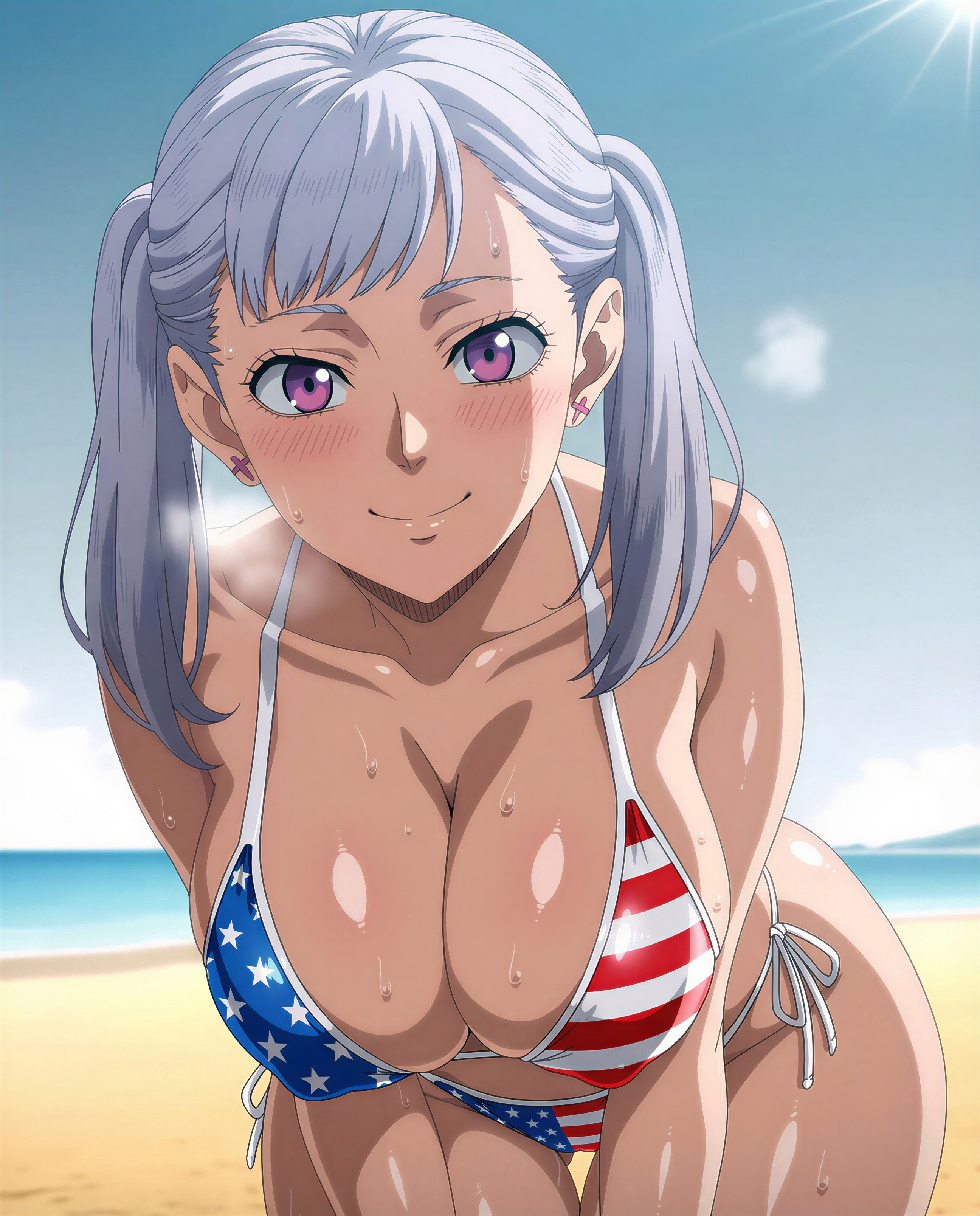 1female, 1girls, ai generated, american flag bikini, beach, bending over, big breasts, bikini, black clover, blush, blushing at viewer, blushing female, breasts, breasts focus, female focus, female only, large breasts, noelle silva, outdoors, purple eyes, shiny skin, solo, solo female, sunny, tagme, wet, wet body, white hair