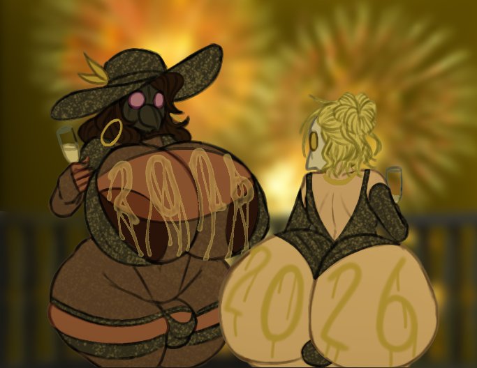 ass bigger than head, big ass, big hat lauren (doopie), big nipples, blonde hair, brown hair, champagne, dark-skinned female, dark-skinned futa, doopie, dress, everest (doopie), femboy, feminine male, futanari, hoop earrings, huge ass, mask, masked female, masked futa, masked male, new year, new year 2026, oc, original characters, pale-skinned male, plague doctor mask, tagme, thong, twink