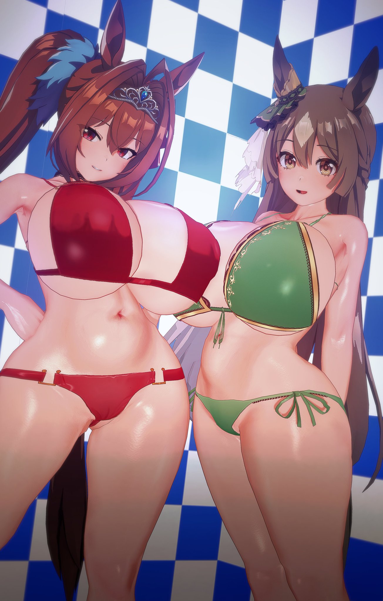 2girls, 3d, bikini, braid, breasts, brown hair, cleavage, daiwa scarlet (umamusume), danish primus, female, female only, green bikini, horse ears, horse girl, horse tail, huge breasts, koikatsu, long hair, looking at viewer, red bikini, red eyes, satono diamond (umamusume), smile, swimsuit, tied hair, twintails, umamusume, umamusume pretty derby, vermelho (artist), wet, wet body