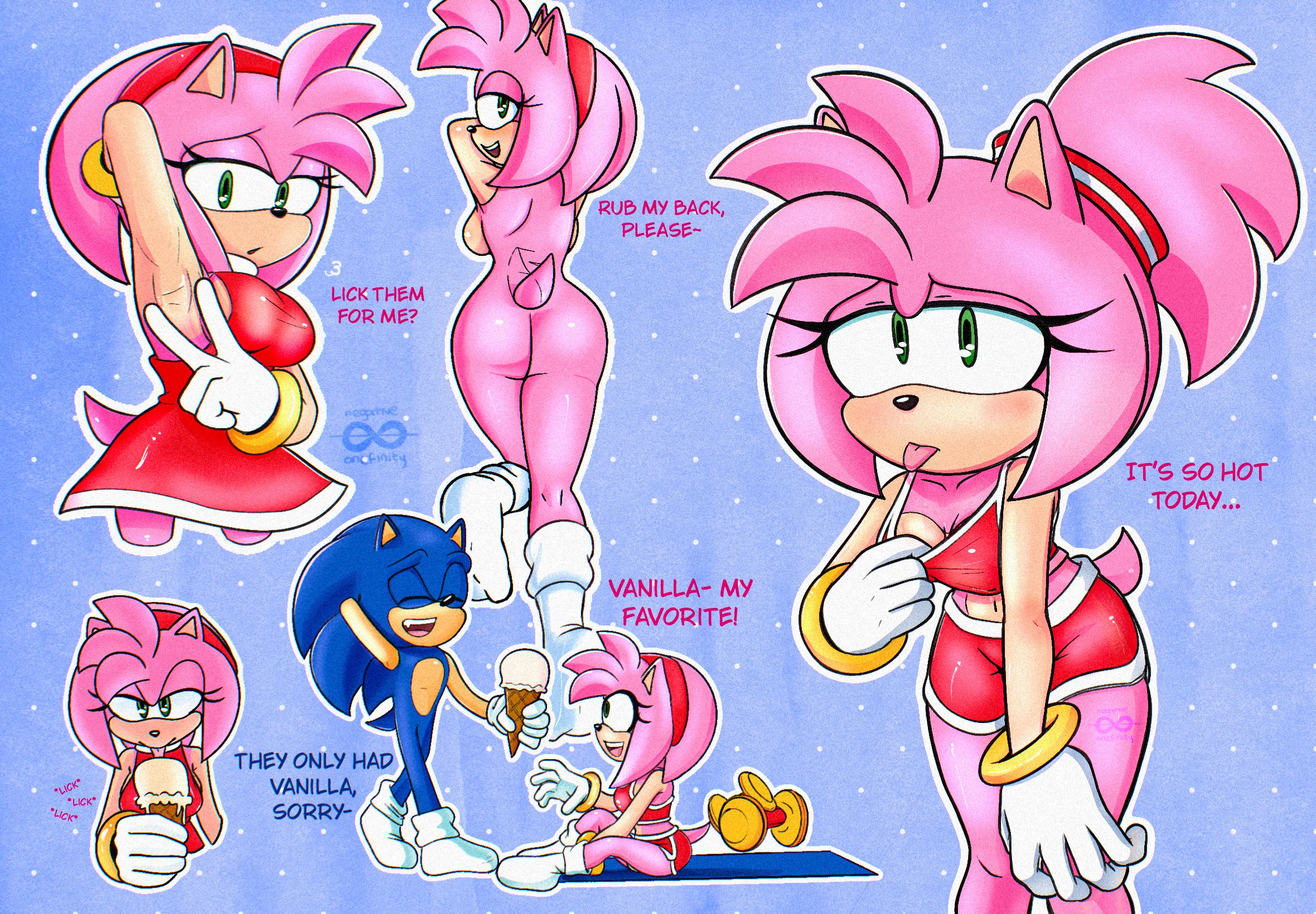 amy rose, armpit focus, armpits, ass, ass focus, back, bare back, bare legs, blue fur, blue hair, blush, bra, bracelet, completely nude, dress, eating, embarrassed, eyelashes, female, gloves, green eyes, hair tie, half-closed eyes, ice cream, ice cream cone, legs, lying, medium hair, naked, nude, on stomach, onefi4, pink fur, pink hair, ponytail, sega, shorts, sitting, smelly armpits, socks, socks only, sonic (series), sonic racing crossworlds, sonic the hedgehog, spiked hair, sports bra, sports shorts, sweat, sweatdrop, sweaty clothes, tail, tail wagging, teenage, teenage girl, teenager, tongue, tongue out, workout gym