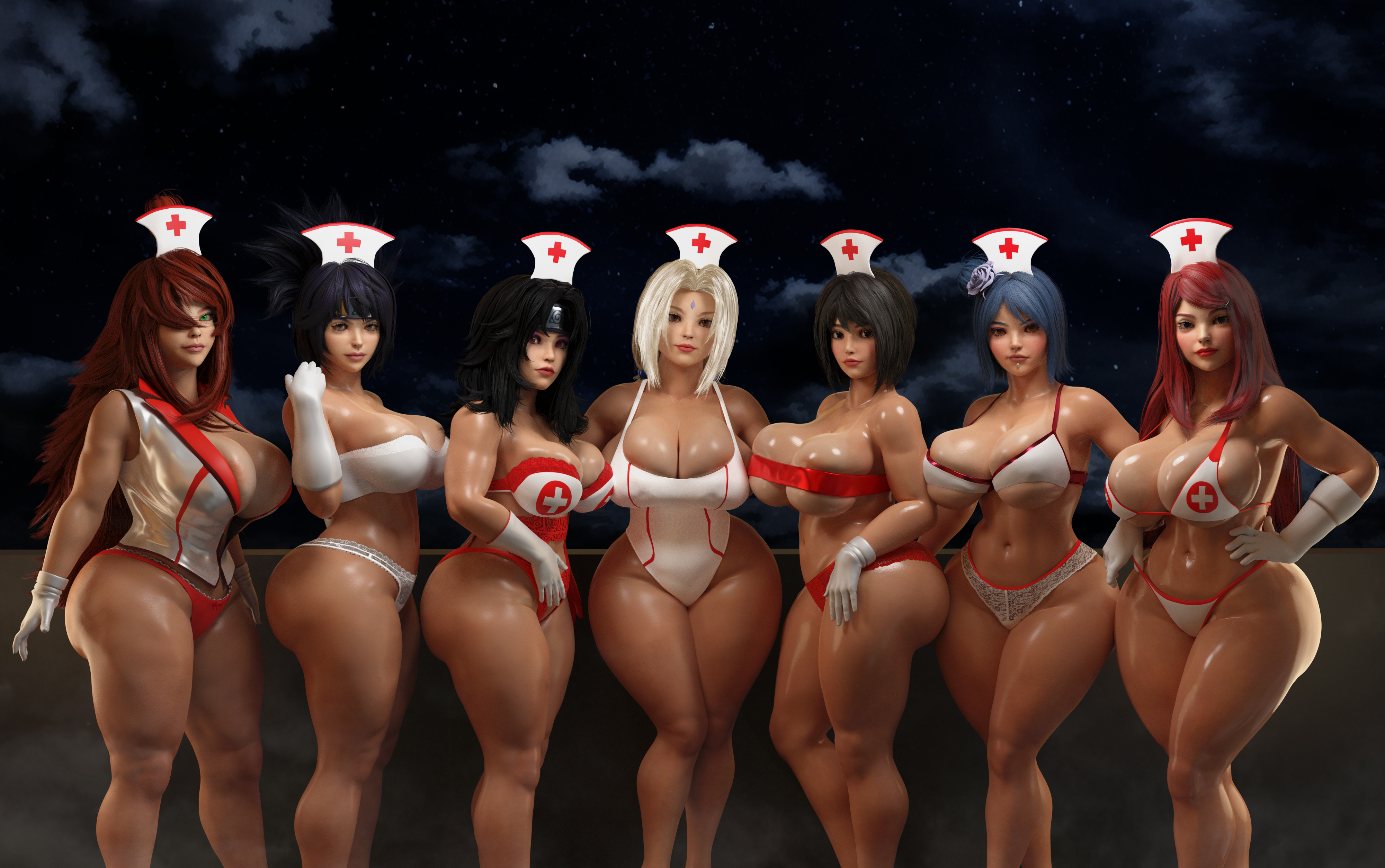 3d, 3d (artwork), 6+girls, ass, ass grab, big ass, big breasts, big butt, black hair, blonde hair, blue hair, breast grab, breasts, breasts bigger than head, breasts popping out, cursedmadara, female, female only, hand on ass, hand on breast, hand on butt, hand on hip, huge ass, huge breasts, huge butt, huge nipples, konan, kurenai yuhi, looking at viewer, mei terumi, milf, milfs, mitarashi anko, naruto, naruto (series), naruto shippuden, nurse, nurse cap, nurse lingerie, nurse uniform, red hair, shizune, take your pick, tsunade, uzumaki kushina, white bra, white panties, yuuhi kurenai