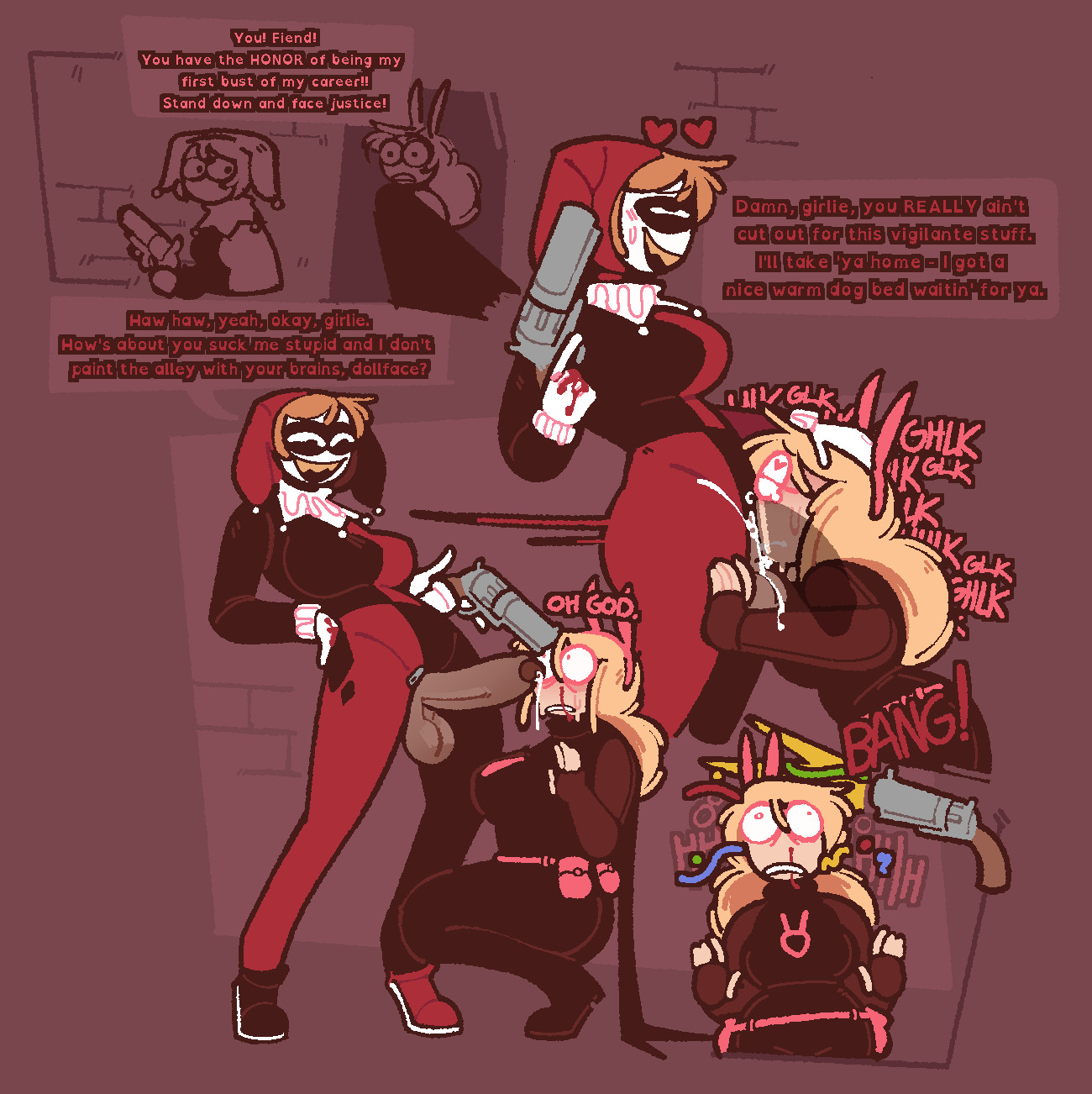 balls, big ass, big balls, big breasts, big penis, confetti, cum, cum in mouth, cum inside, dark skin, dc, dc comics, dialogue, dialogue box, dickgirl, english text, erection, fake gun, femsub, futa on female, futadom, futanari, gun, harley quinn, harley quinn (classic), heart symbol, heart-shaped pupils, huge cock, jester, jester hat, jester outfit, leaking cum, light skin, mask, pavizi (xenopavilia), penis, rape, revolver, scared, text, threatening, threatening with weapon, trans woman, trans woman (lore), transfem, x-ray, xenopavilia