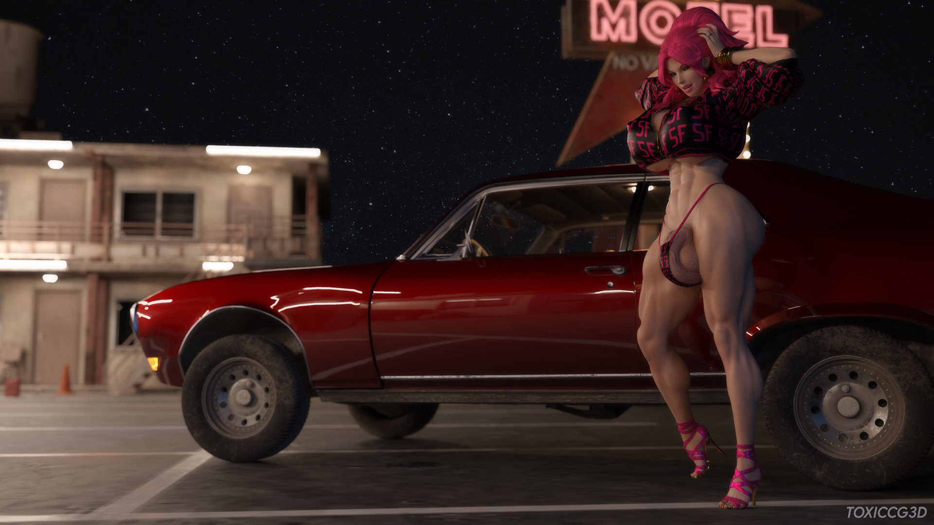 1futa, 3d, alternate version at source, balls, big penis, capcom, car, final fight, futa only, futanari, motel, night, outdoors, penis, penis peek, pink hair, poison (final fight), solo, street fighter, thong, toxiccg3d