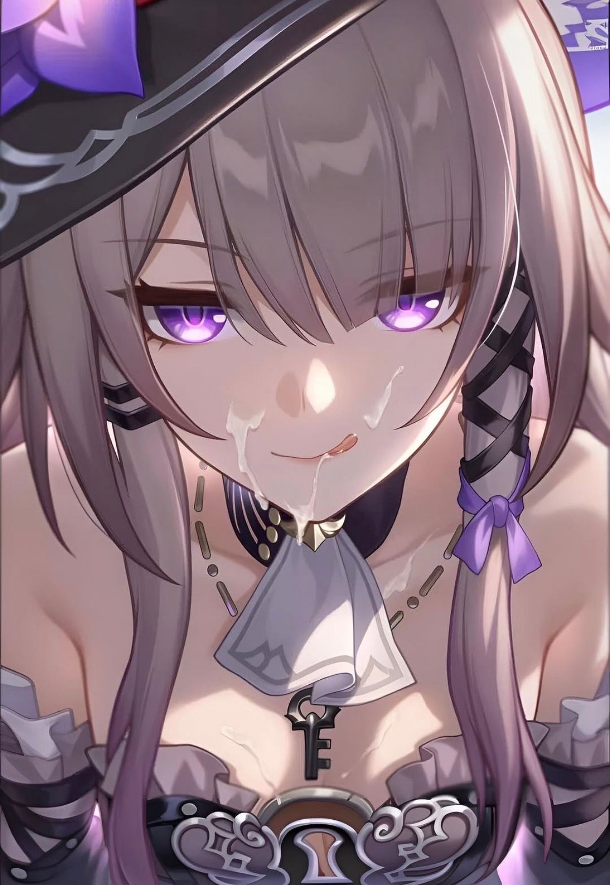 1girl, after fellatio, artist request, cum on face, facial, honkai: star rail, licking lips, looking at viewer, the herta (honkai: star rail)