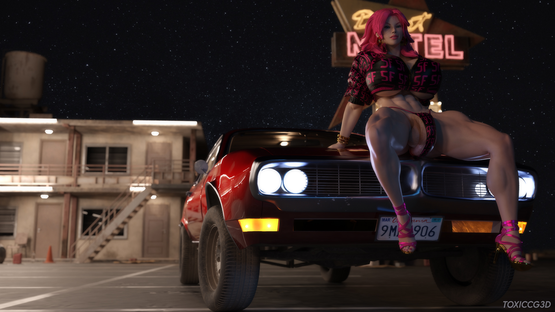 1futa, 3d, alternate version at source, big penis, bulge, capcom, car, final fight, futa only, futanari, motel, night, outdoors, penis, penis peek, pink hair, poison (final fight), solo, street fighter, thong, toxiccg3d