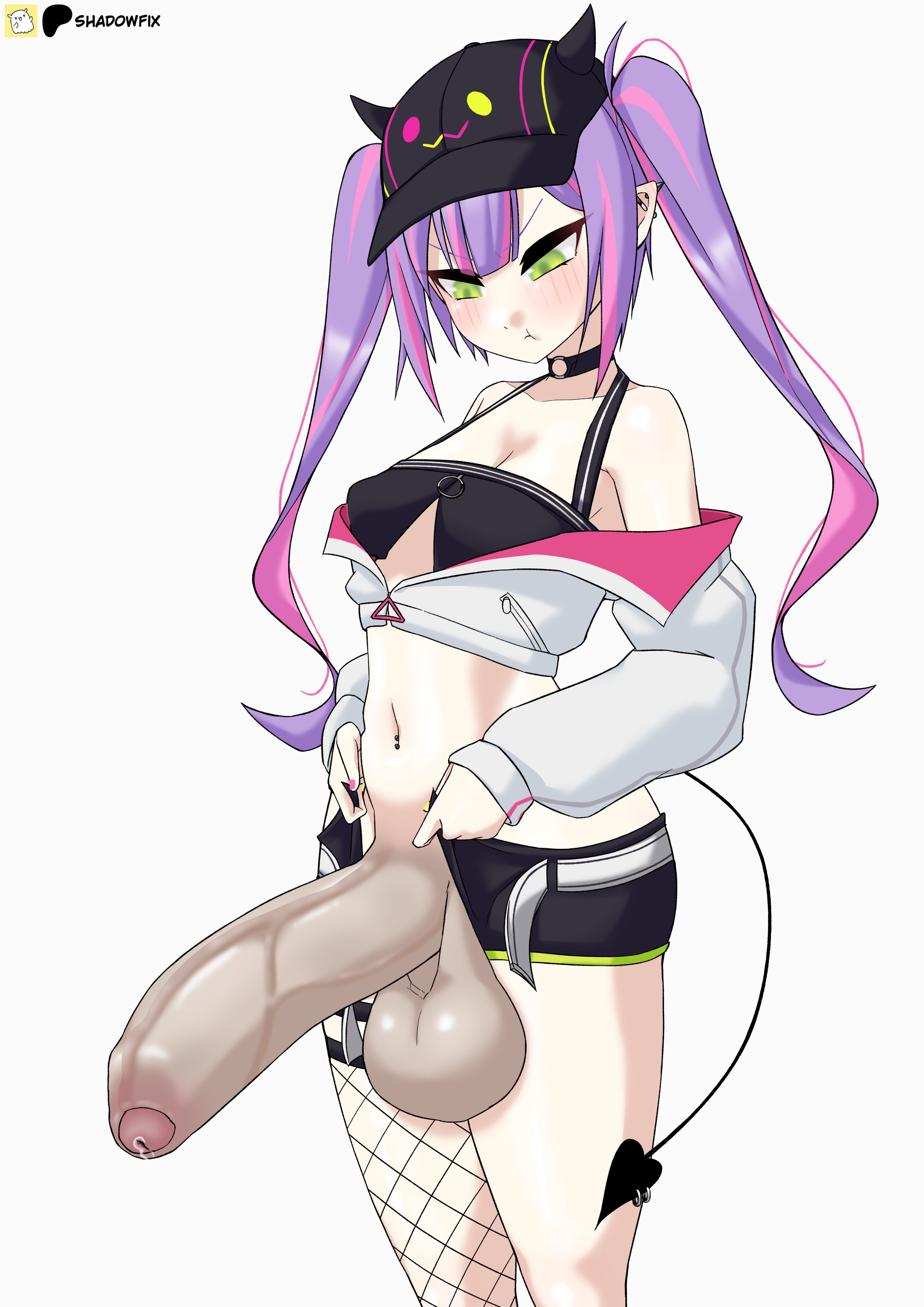 1futa, balls, big balls, big penis, blush, breasts, clothed, clothing, cock, darkened genitalia, darkened penis, dick, dickgirl, ear piercing, erection, exposed penis, foreskin, futa only, futanari, green eyes, hololive, hololive japan, huge cock, huge penis, human, intersex, large balls, large penis, light skin, light-skinned futanari, mostly clothed, partially retracted foreskin, penis, penis out, pink hair, purple hair, shadowfix, shorts, small breasts, solo, standing, tagme, thick penis, tokoyami towa, twintails, two-tone hair, uncensored, uncircumcised, unzipped shorts, veiny penis, virtual youtuber, vtuber
