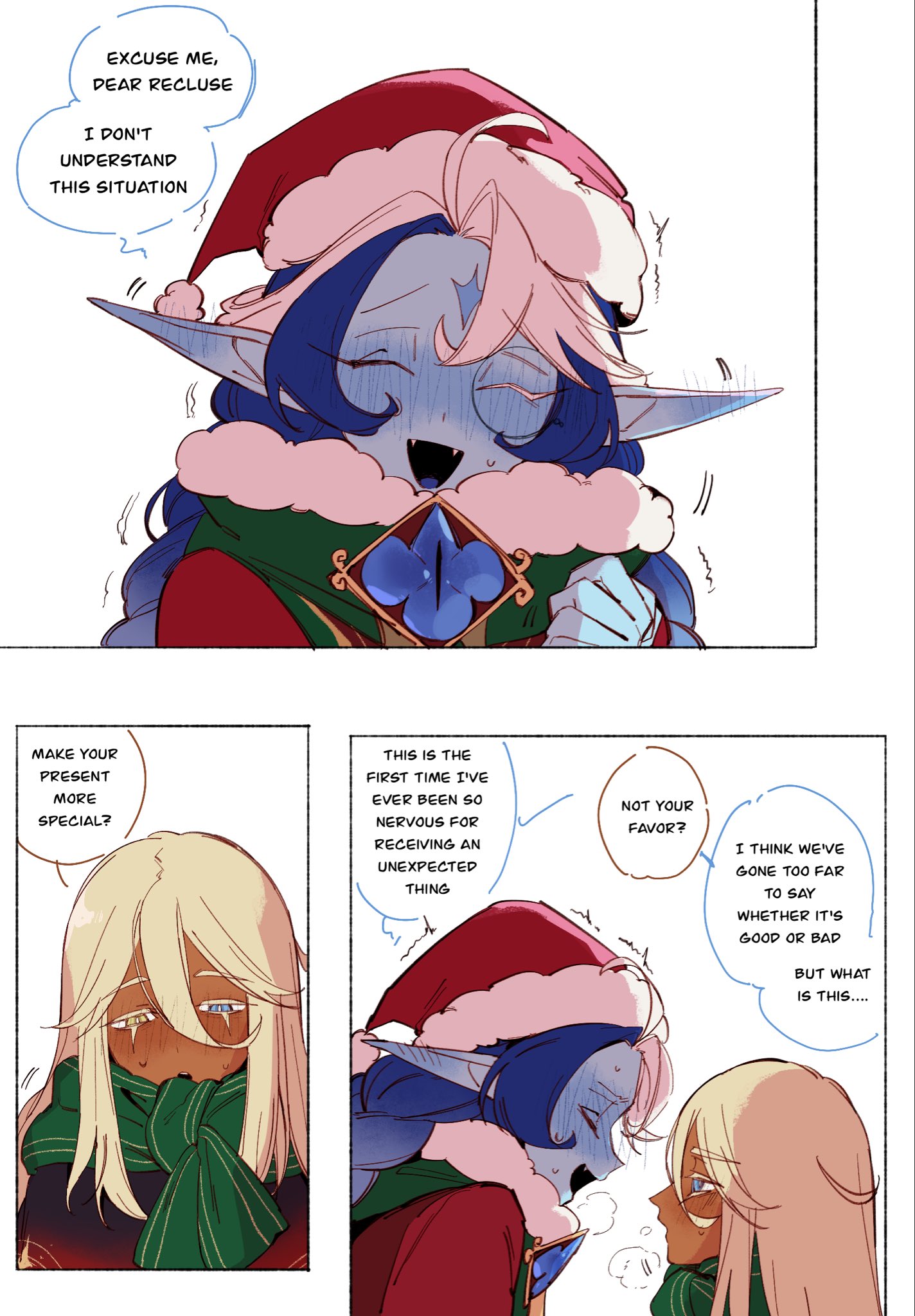 1boy, 1cuntboy, christmas, christmas pure vanilla cookie, christmas shadow milk cookie, comic, cookie run, cookie run kingdom, cuntboy, oyki0000013, pure vanilla cookie, sage of truth, santa hat, shadow milk cookie, truthless recluse, winter clothes
