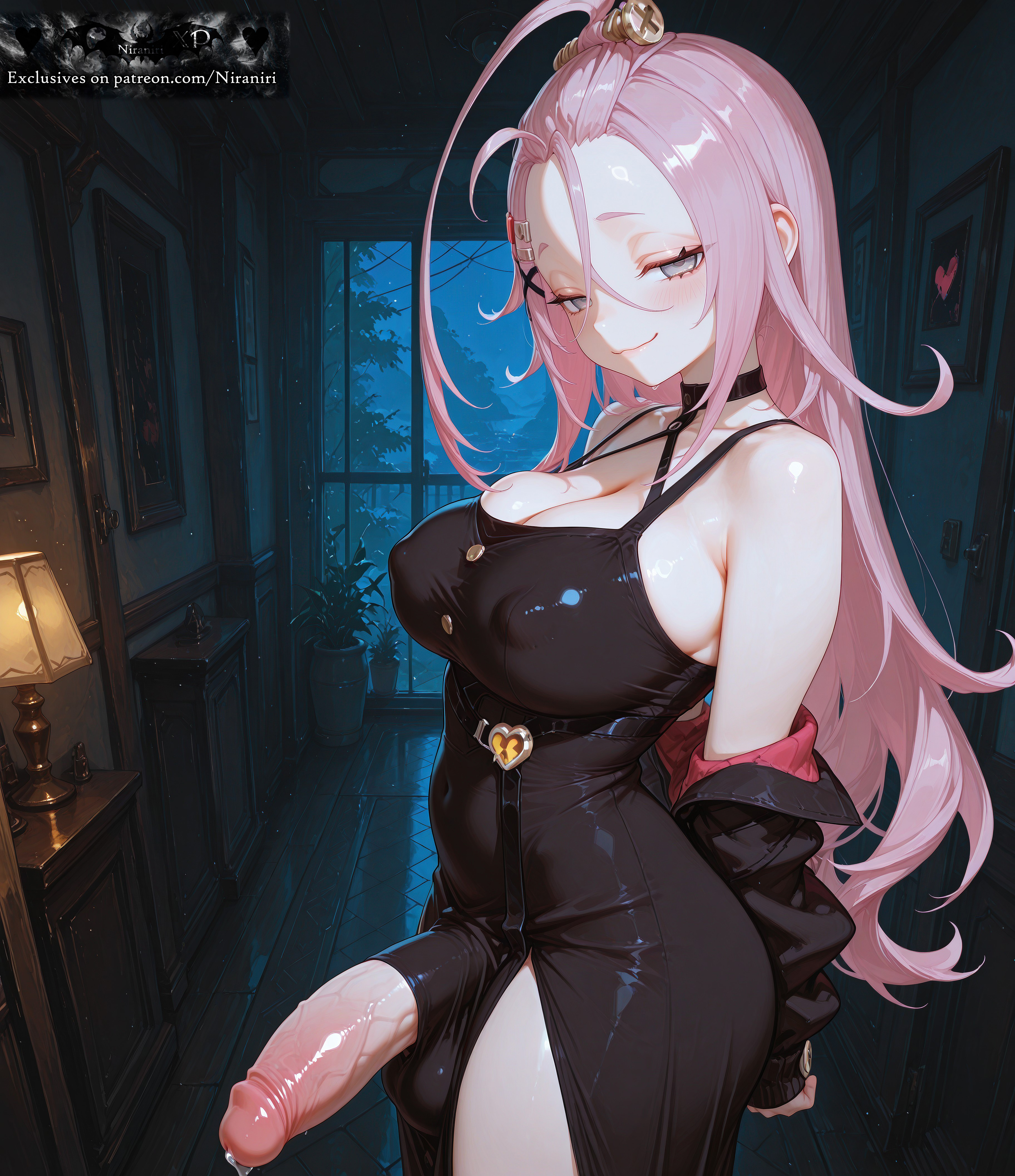 1futa, absurdres, ahoge, ai generated, aino (genshin impact), antenna hair, arms behind back, artist name, bare shoulders, bedroom, black choker, black dress, blush, breasts, choker, cleavage, closed mouth, covered nipples, covered penis, covered testicles, cowboy shot, dress, erection, futa only, futanari, genshin impact, grey eyes, hair between eyes, hair ornament, hairclip, half-closed eyes, halter dress, halterneck, highres, huge cock, huge testicles, indoors, lamp, large breasts, large penis, large testicles, light-skinned futa, long hair, long sleeves, looking at viewer, night, night sky, niraniri, off shoulder, patreon username, penis, pink hair, plant, potted plant, precum, side slit, sky, sleeveless, sleeveless dress, smile, solo, testicles, veins, veiny penis, window, wooden floor