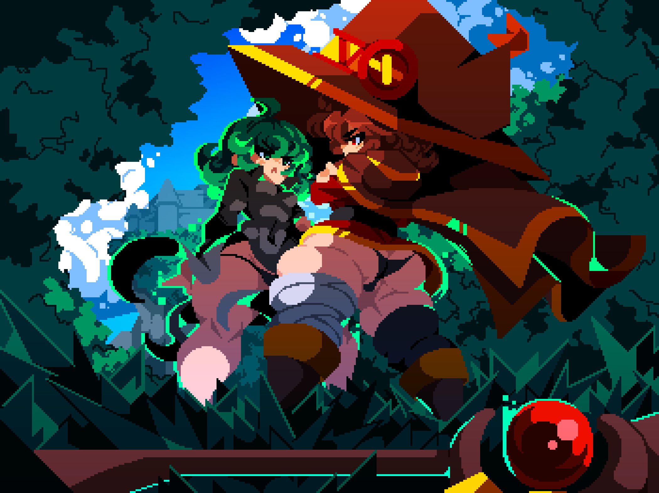 2girls, ass, ass focus, back view, background, big ass, big thighs, black clothing, black panties, blush, brown hair, color, commission, female, green eyes, green hair, kono subarashii sekai ni shukufuku wo!, looking at another, megumin, one-punch man, outdoors, pixel art, pussy, pussy outline, rear view, red eyes, sky, tamaco, tatsumaki, thick thighs, thighhighs, thighs, watermark, wide hips, witch, witch hat