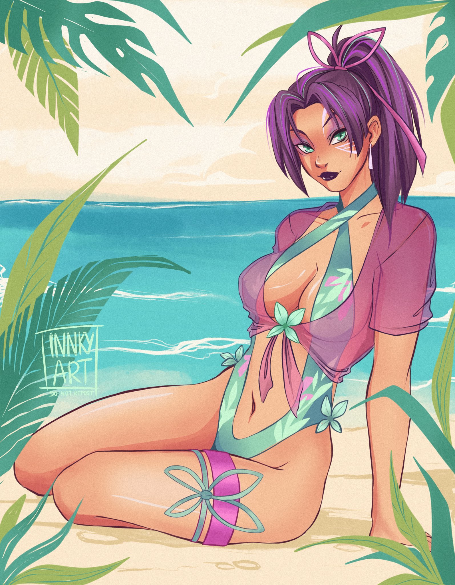 beach, belly button, breasts, female, female only, hips, innkyart, marvel, marvel rivals, navel, nipple bulge, psylocke, psylocke (sai) (breezy butterfly), purple hair, solo, solo female, swimsuit, thighs