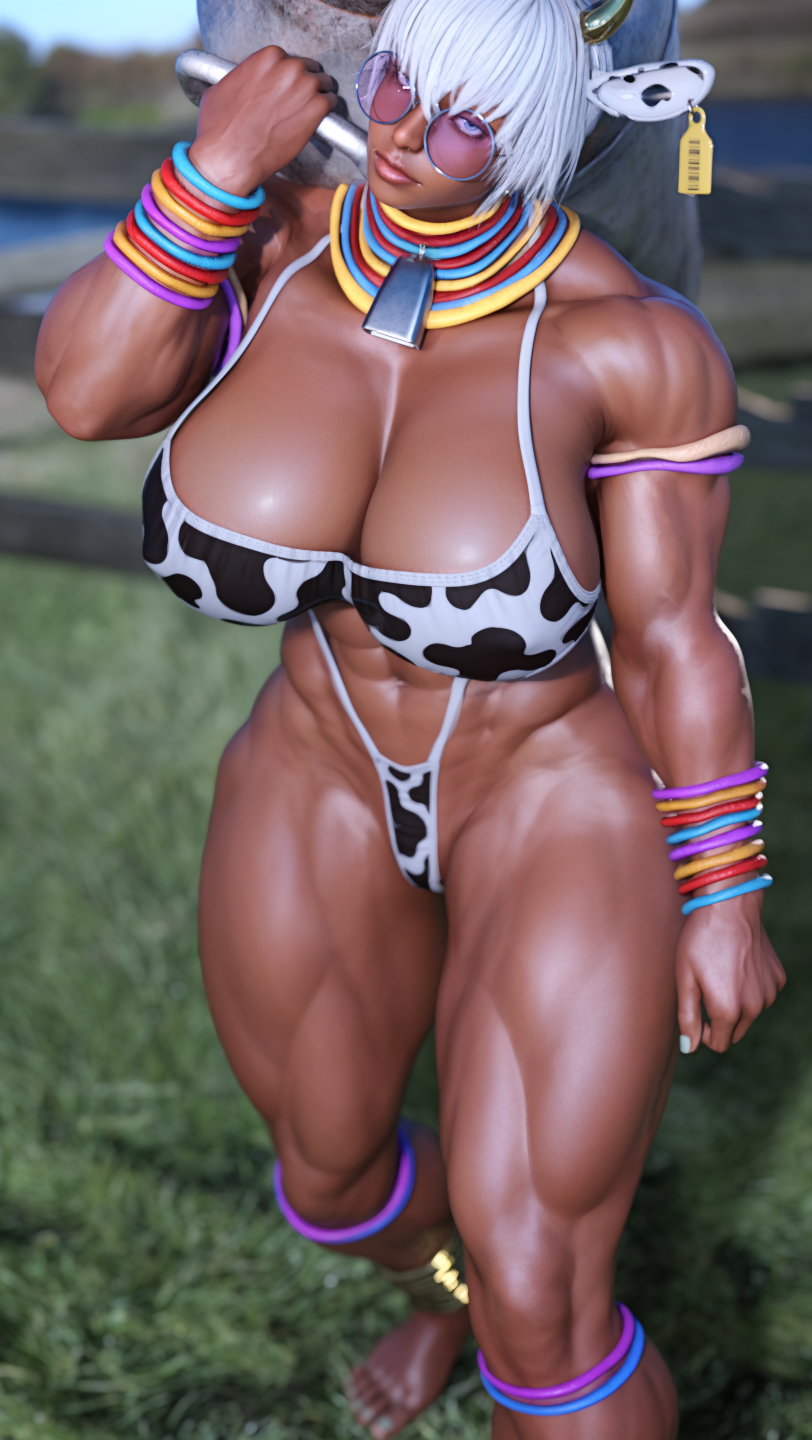 3d, abs, bikini, blue eyes, breasts, cow ears, cow horns, cow print, cow print bikini, cowbell, dark skin, dark-skinned female, elena (street fighter), farm, female, female only, hdregrets, large breasts, looking at viewer, muscular, muscular female, muscular legs, short hair, street fighter, sunglasses, swimsuit, thick thighs, tinted eyewear, white hair