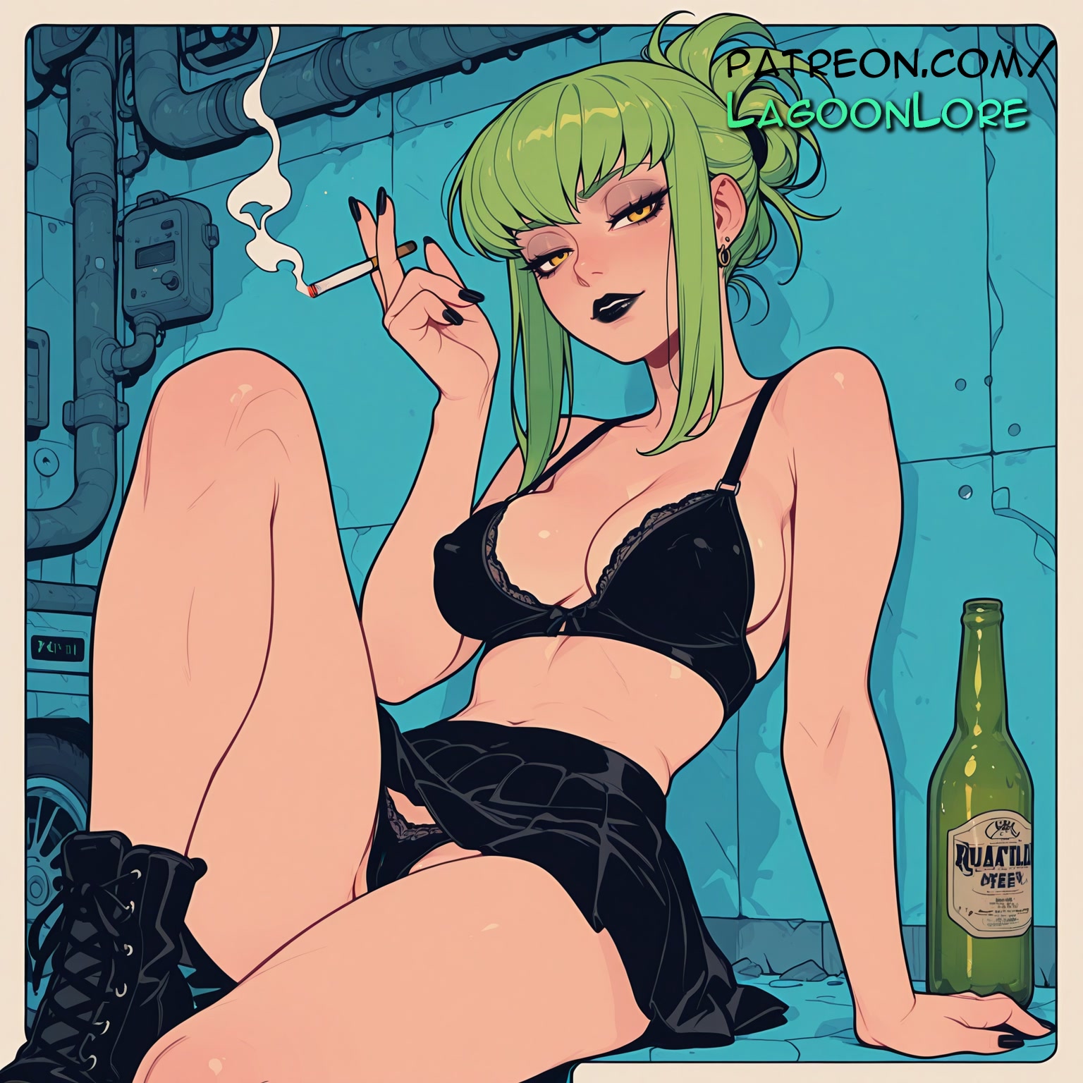 ai generated, aqua nails, artist name, black bra, black footwear, black nails, black panties, blue nails, bottle, bra, breasts, bust, c.c., can, chest, cigarette, code geass, earrings, female, fingernails, green hair, green nails, hi res, highres, holding cigarette, jewelry, lagoonlore, lipstick, long fingernails, makeup, nail art, nail polish, panties, patreon, patreon username, pink nails, purple nails, red nails, sitting, skirt, smoking, solo, underwear, watermark