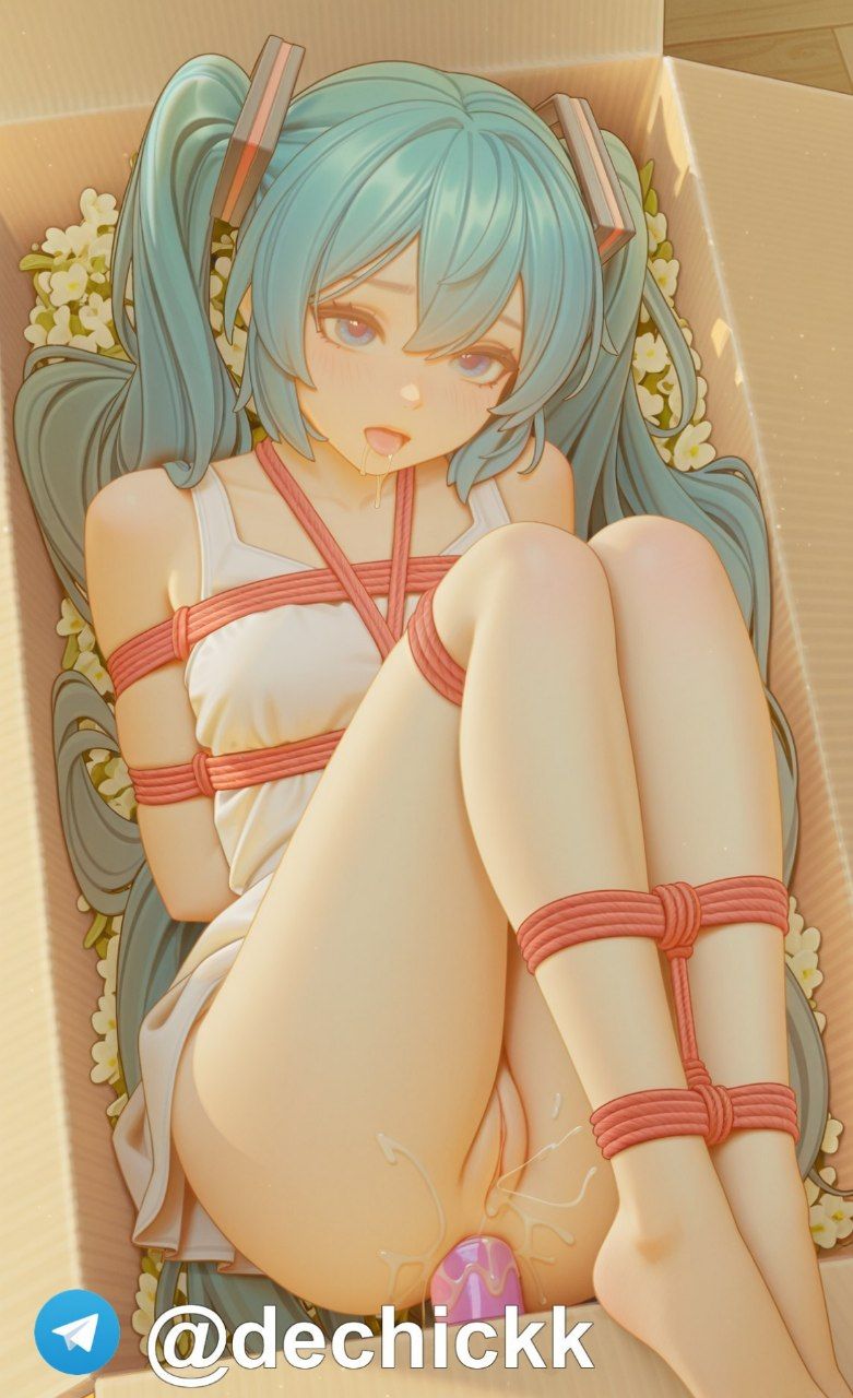 1girl, 1girls, ai generated, anal, anal masturbation, anal object insertion, aqua eyes, aqua hair, arms behind back, barefoot, bdsm, blue eyes, blue hair, blush, bondage, bound, box, cardboard box, crying, dildo, dildo in ass, dress, feet, female, female only, femsub, hatsune miku, in box, in container, long hair, looking at viewer, object insertion, open mouth, pussy, pussy juice, red rope, restrained, rope, saliva, sex toy, shibari, solo, twintails, uncensored, vaginal object insertion, very long hair, vibrator, white dress