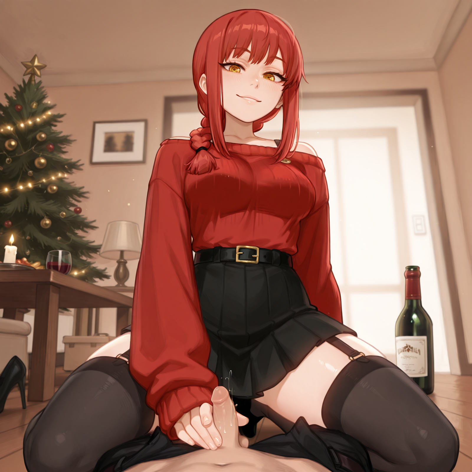 1boy, absurd res, ai generated, bangs, belt, big breasts, black belt, black pants, black skirt, blurry, blurry background, bottle, braid, braided ponytail, breasts, brokewyt, chainsaw man, christmas, christmas ornaments, christmas tree, closed mouth, clothed sex, cup, erection, eyelashes, female, femdom, garter straps, handjob, high heels, highres, indoors, large breasts, long hair, long sleeves, looking at viewer, makima (chainsaw man), medium breasts, medium hair, miniskirt, off shoulder, pants, penis, plate, pleated skirt, pov, precum, red hair, red shirt, red sweater, ringed eyes, shoes, sidelocks, skirt, sleeves past wrists, small penis, smile, solo focus, spread legs, straight, sweater, table, thighhighs, uncensored, wooden floor, yellow eyes