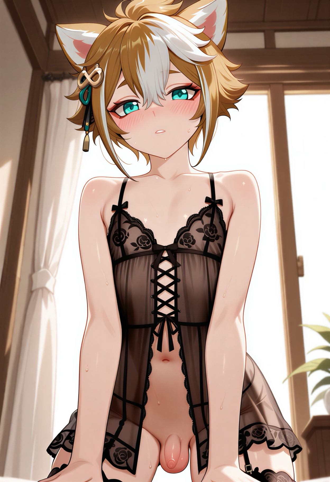 ai, ai art, ai assisted, ai generated, androgynous, bedroom, blush, blush lines, boy, brown hair, cute, femboy, feminine, feminine body, feminine male, flaccid, flaccid penis, foreskin, garter belt, gay, gay male, genshin impact, gorou (genshin impact), lingerie, navel, neronaai, otoko no ko, small penis, sweat, sweating, thighhighs