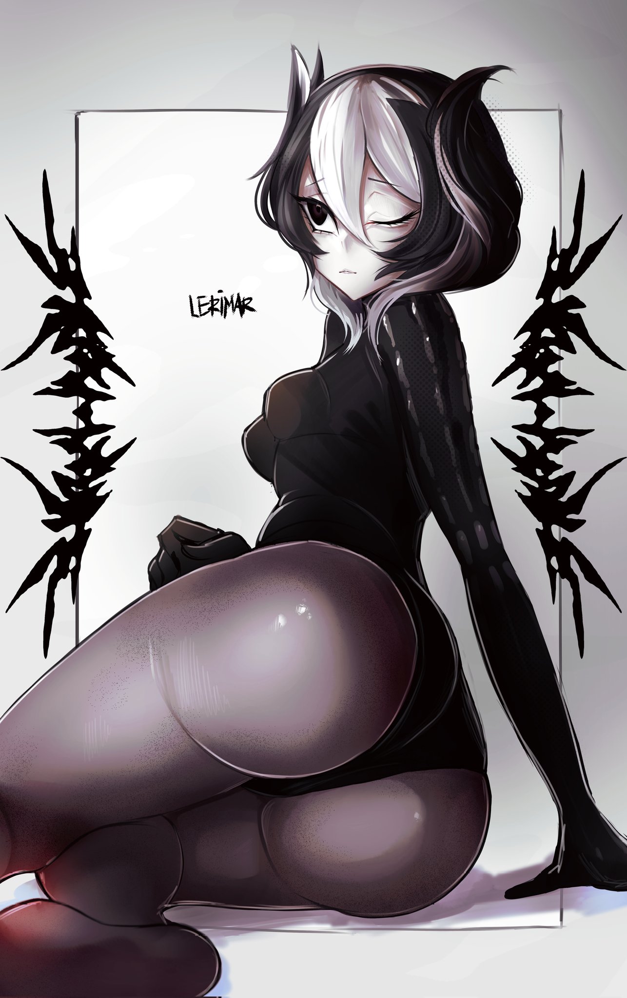 ass, ass focus, big ass, black and white hair, black eyes, black hair, bodysuit, female, female only, fully clothed, huge ass, leotard, lerimar, made in abyss, one eye closed, ozen, pale skin, pale-skinned female, pantyhose, short hair, sitting, small breasts, solo, two-tone hair, wide hips