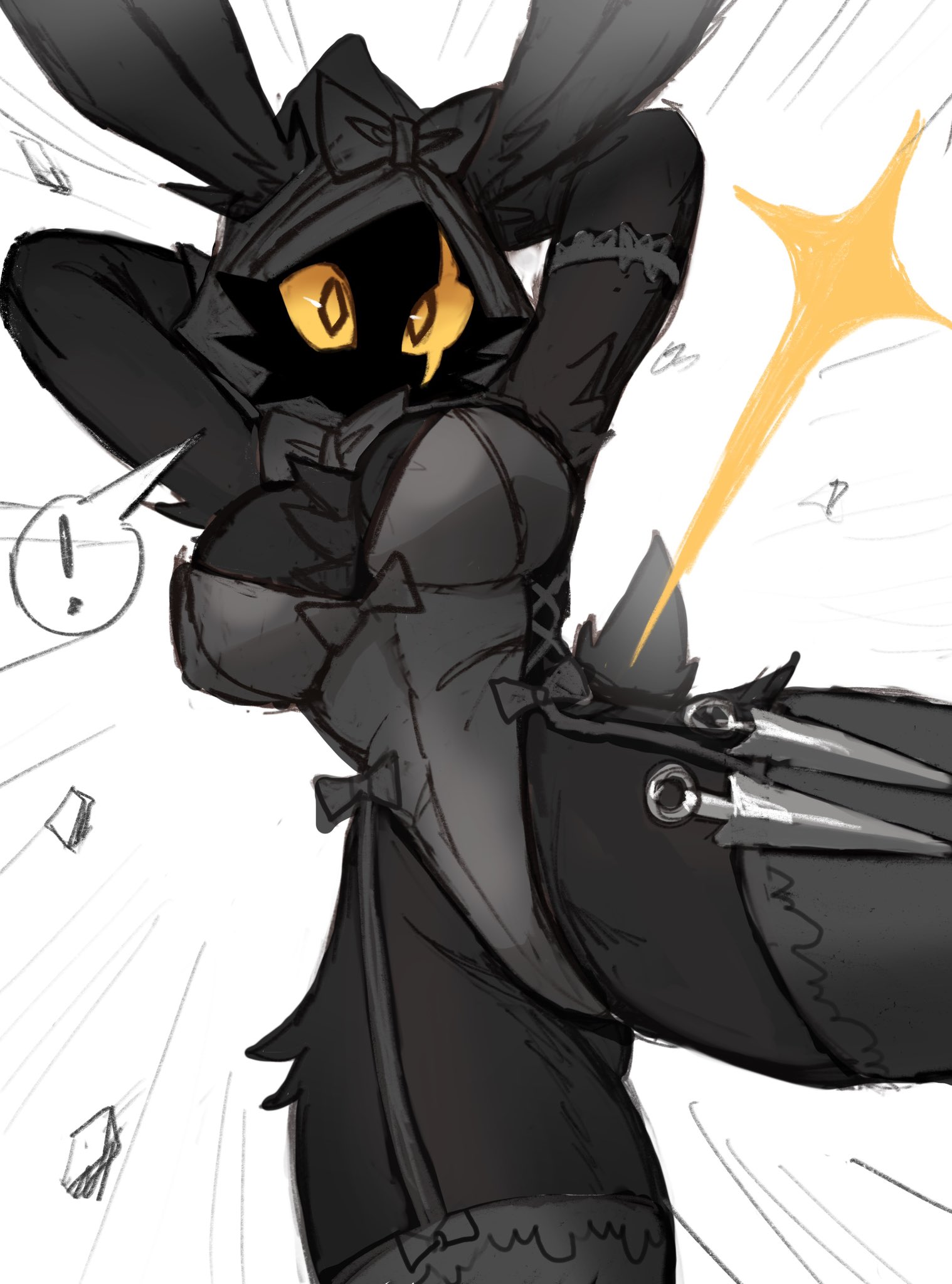!, 1girls, black bunnysuit, black fur, breasts, bunny ears, bunny girl, bunnysuit, female, female focus, female only, fur, furry, furry female, furry only, garter straps, kil vi, kunai, no mouth, oc, scar, scar across eye, solo, solo female, solo focus, sookmo, thick thighs, thighhighs, thighs, white background, yellow eyes, yellow sclera