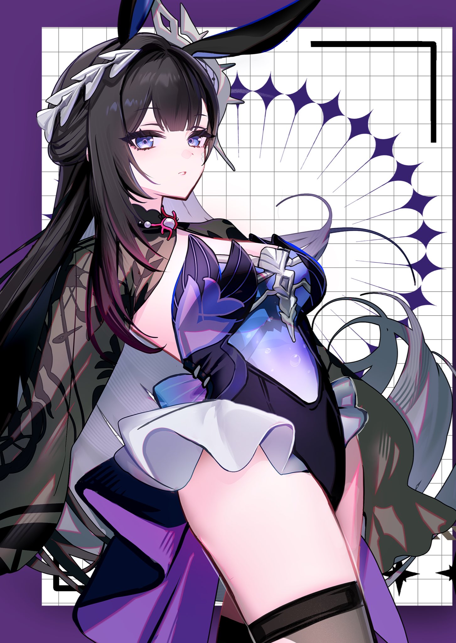 1girls, black bunny ears, black hair, blue eyes, bunny ears, bunnysuit, female, female only, honkai (series), honkai: star rail, hoyoverse, hysilens (honkai: star rail), long hair, mihoyo
