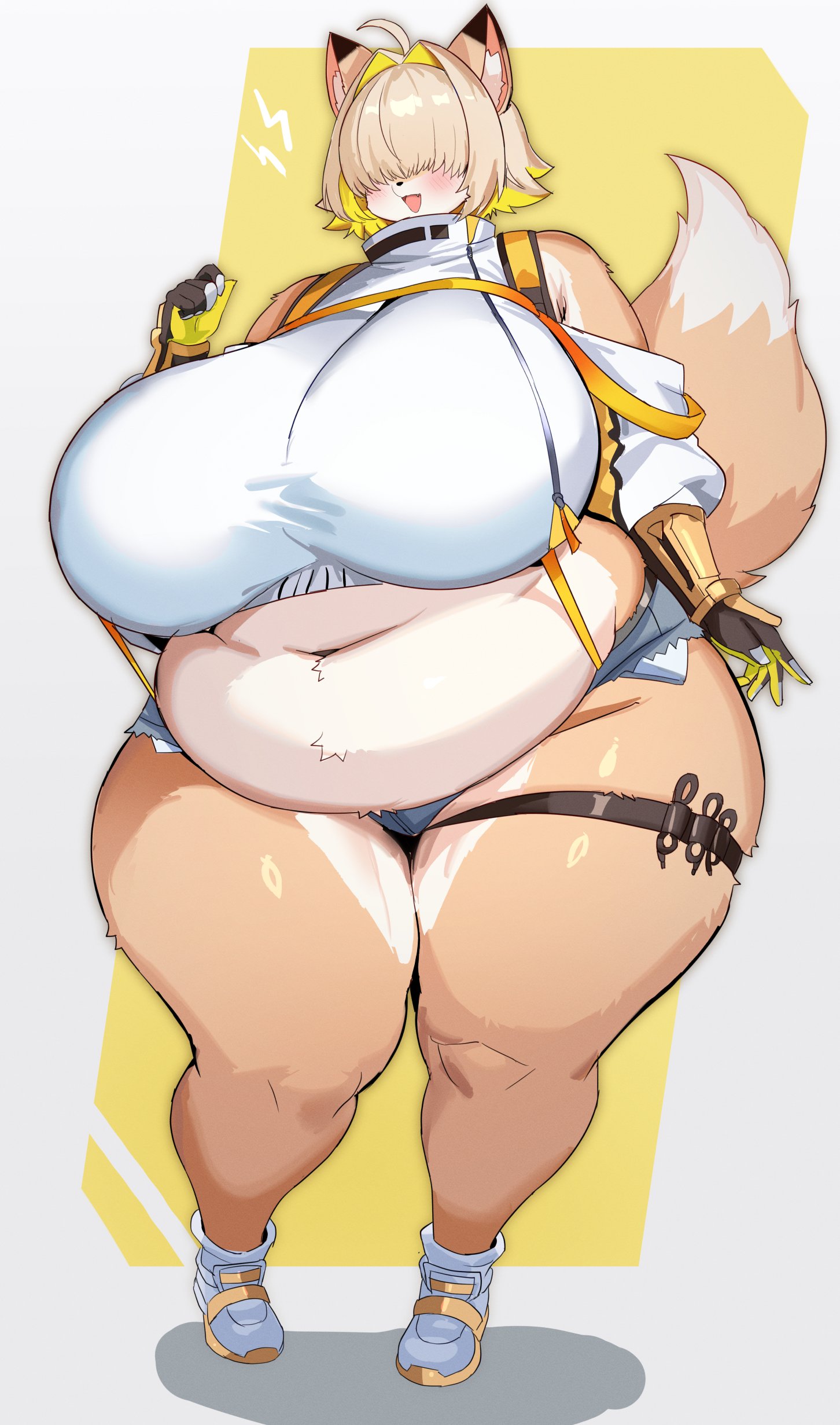 1female, 1girl, 1girls, 2026, ahoge, anthro, anthrofied, bbw, belly, big breasts, black clothes, blonde hair, blue clothing, breasts, chubby, chubby female, digital art, digital drawing (artwork), digital media, digital media (artwork), elegg (nikke), fat, female, female only, fluffy, fox, fox ears, fox girl, fox tail, fur, furry, gigantic breasts, gloves, goddess of victory: nikke, hair vents, huge breasts, hyper, hyper breasts, kakuteki11029, nikke, orange ears, orange fur, orange tail, overweight, overweight female, partially clothed, revealing clothes, shoes, short shorts, solo, solo female, standing, tagme, thick thighs, thigh belt, thighs, tummy, voluptuous, white clothing, white shirt, white shoes, wide hips, yellow accents, yellow clothing, yellow gloves, yellow shoes