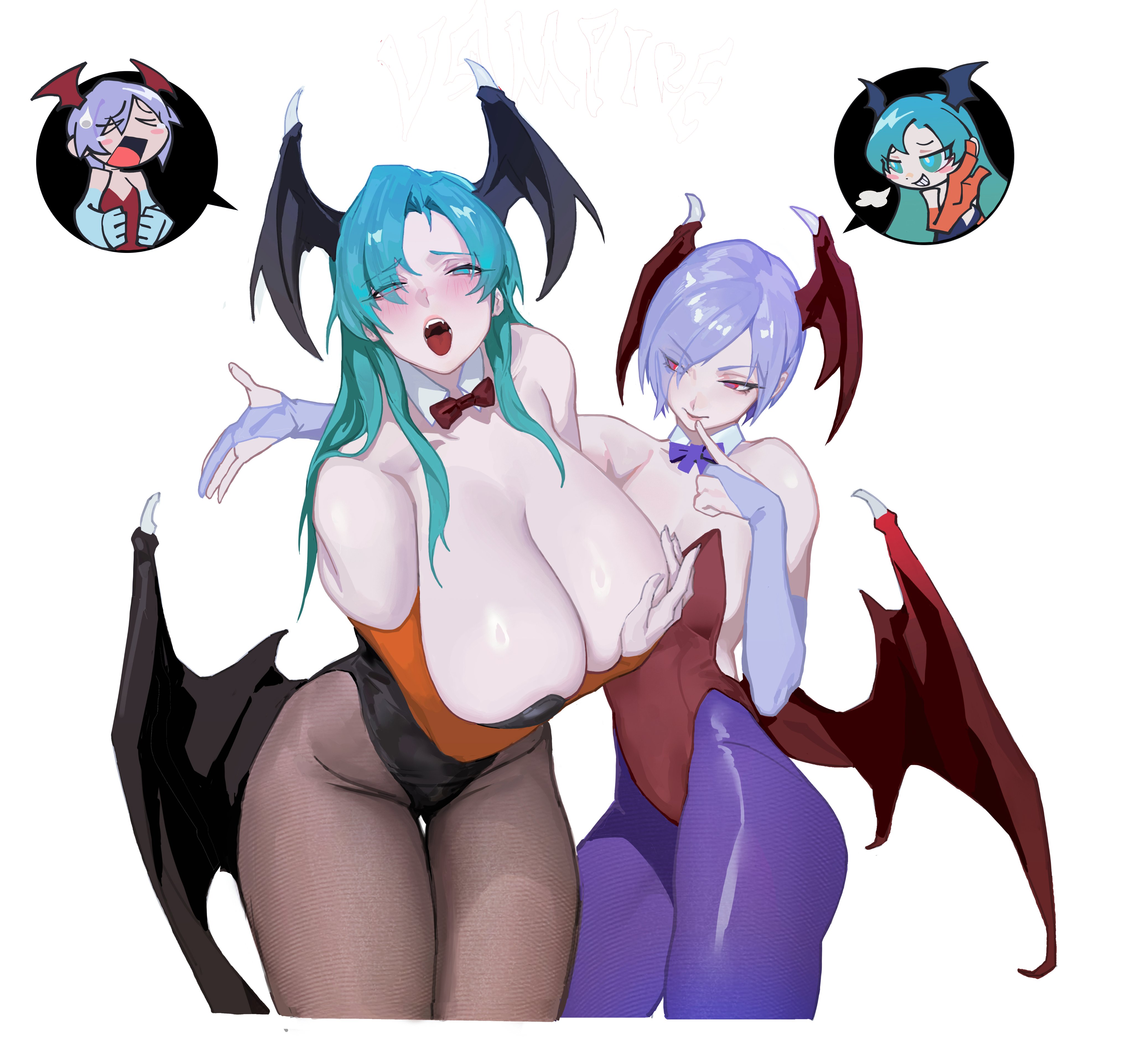 2girls, absurd res, big breasts, blush, body swap, breasts, brown pantyhose, capcom, cleavage, darkstalkers, detached collar, female, female only, green eyes, green hair, guiguz, head wings, huge breasts, large breasts, leotard, lilith aensland, long hair, looking at viewer, morrigan aensland, multiple girls, narrowed eyes, neck ribbon, open mouth, pantyhose, purple hair, purple pantyhose, red eyes, scottish, scottish female, scottish woman, short hair, simple background, succubus, succubus wings, thick thighs, tongue out, white background, wings