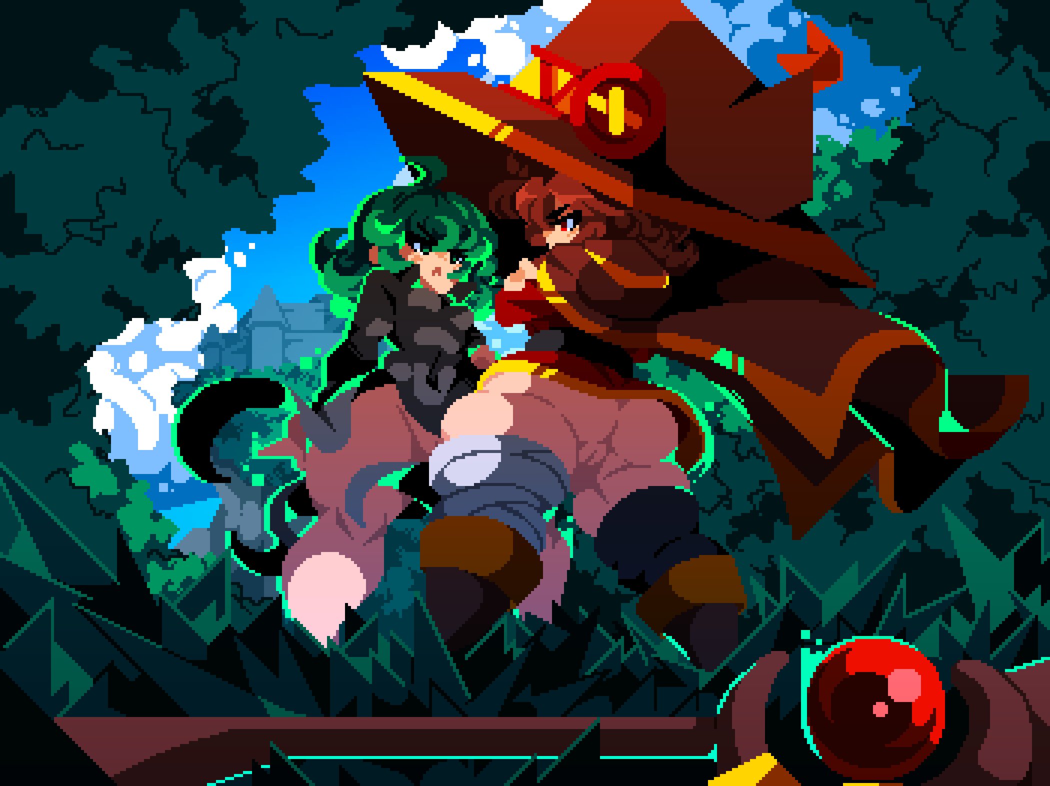 2girls, anus, ass, ass focus, back view, background, big ass, big thighs, black clothing, blush, bottomless, brown hair, color, commission, female, green eyes, green hair, kono subarashii sekai ni shukufuku wo!, looking at another, megumin, no panties, one-punch man, outdoors, pixel art, pussy, pussy outline, rear view, red eyes, sky, tamaco, tatsumaki, thick thighs, thighhighs, thighs, watermark, wide hips, witch, witch hat