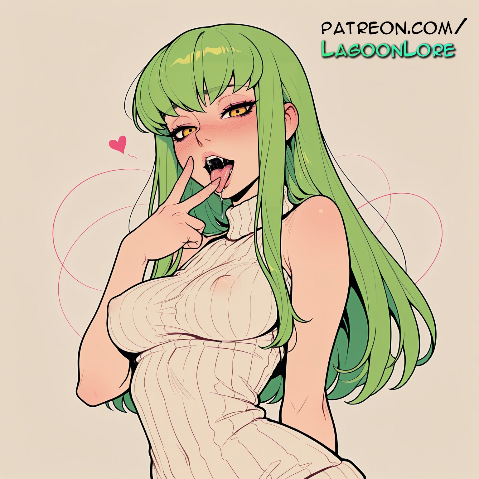 ai generated, artist name, average breasts, bare shoulders, blush, breasts, bust, c.c., chest, code geass, covered nipples, female, green hair, heart, hi res, highres, lagoonlore, long hair, looking at viewer, medium breasts, normal breasts, open mouth, patreon, patreon username, ribbed sweater, solo, sweater, tongue, tongue out, watermark, yellow eyes