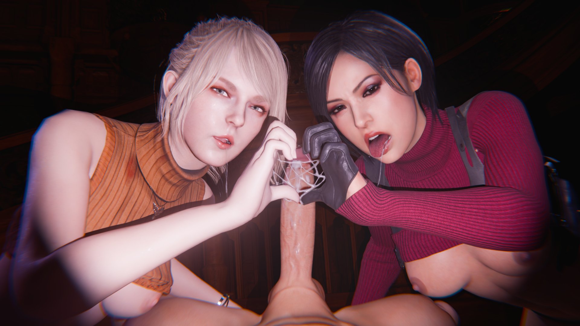 2girls, 3d, ada wong, ada wong (adriana), after orgasm, after sex, ashley graham, ashley graham (ella freya), asia, asian female, black gloves, blonde female, blonde hair, breasts, breasts out, collaborative, cum, cum on hand, female, female focus, gloves, heart symbol, leather gloves, leon scott kennedy, penis, penis out, pov, resident evil, resident evil 4, resident evil 4 remake, shibarademu, shirt lift, tongue, tongue out