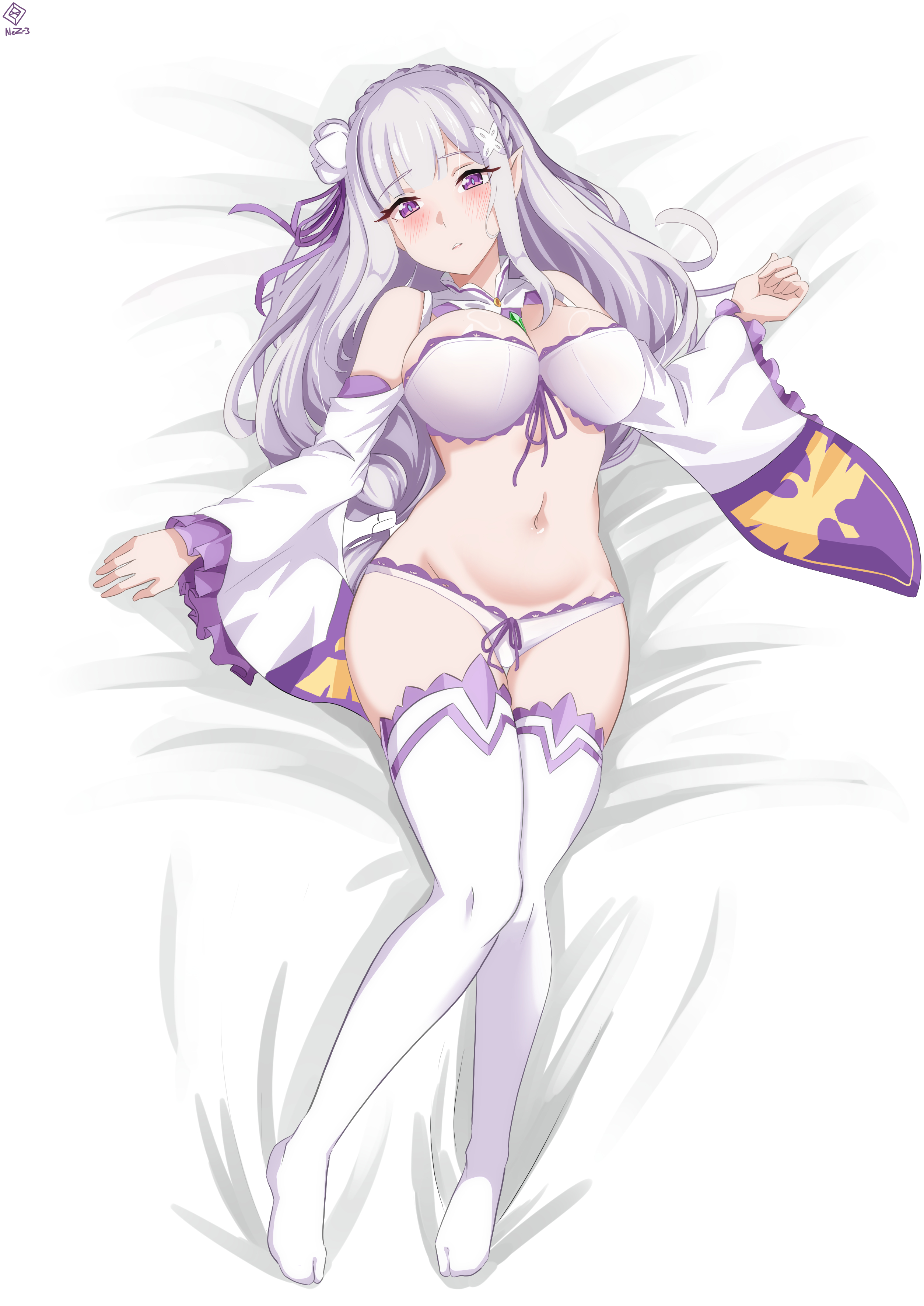 1girls, belly, bra, breasts, elf, elf ears, elf female, emilia (re:zero), half naked, hips, large breasts, lying on back, nez-3, on bed, panties, purple eyes, re:zero kara hajimeru isekai seikatsu, silver hair, solo, thick thighs, thighhighs, underwear