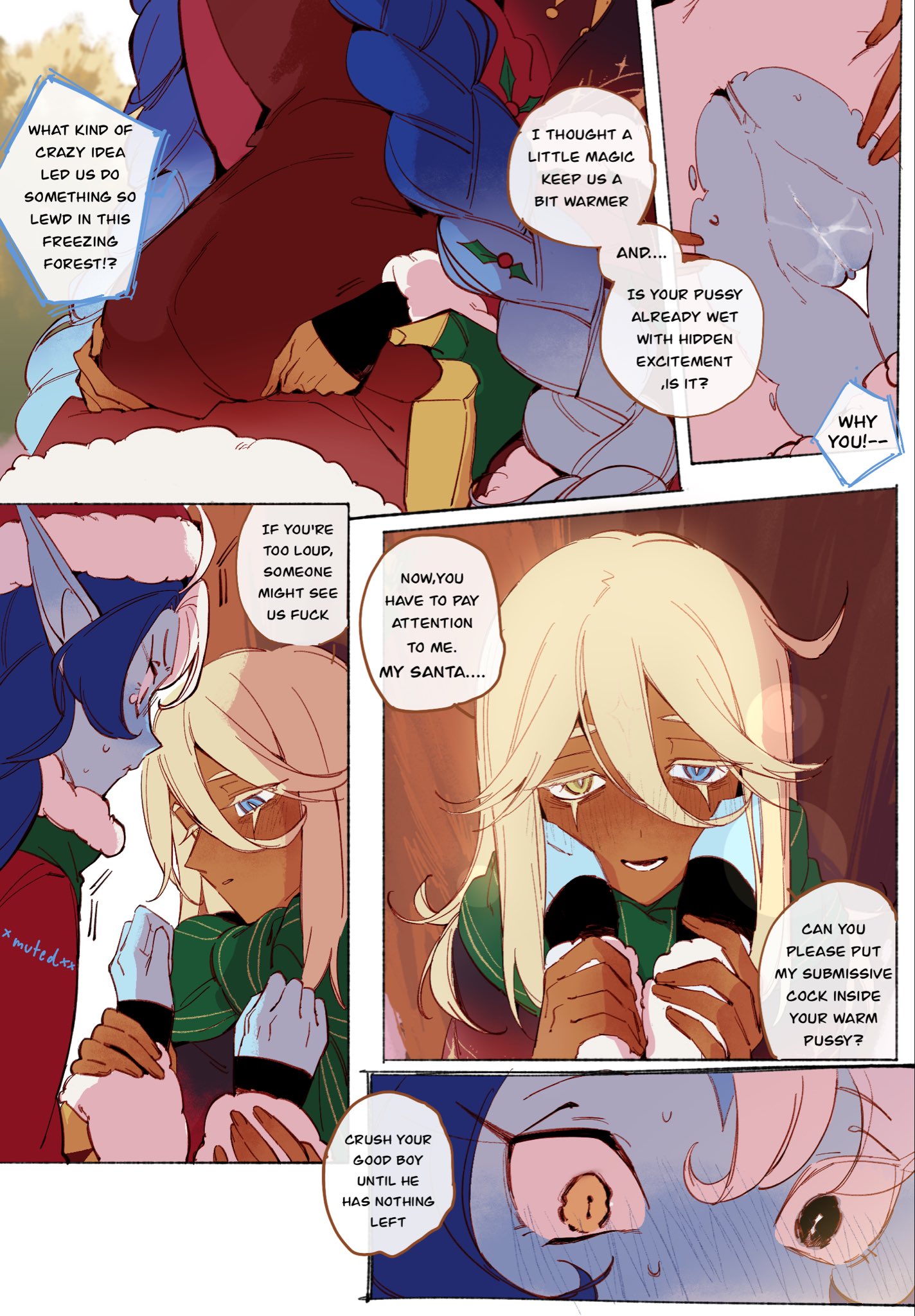 1boy, 1cuntboy, blonde hair, christmas, christmas pure vanilla cookie, christmas shadow milk cookie, comic, cookie run, cookie run kingdom, cuntboy, dark skin, dark-skinned femboy, dark-skinned male, dark-skinned twink, heterochromia, oyki0000013, pure vanilla cookie, sage of truth, santa hat, shadow milk cookie, truthless recluse, vagina, wet pussy, winter clothes