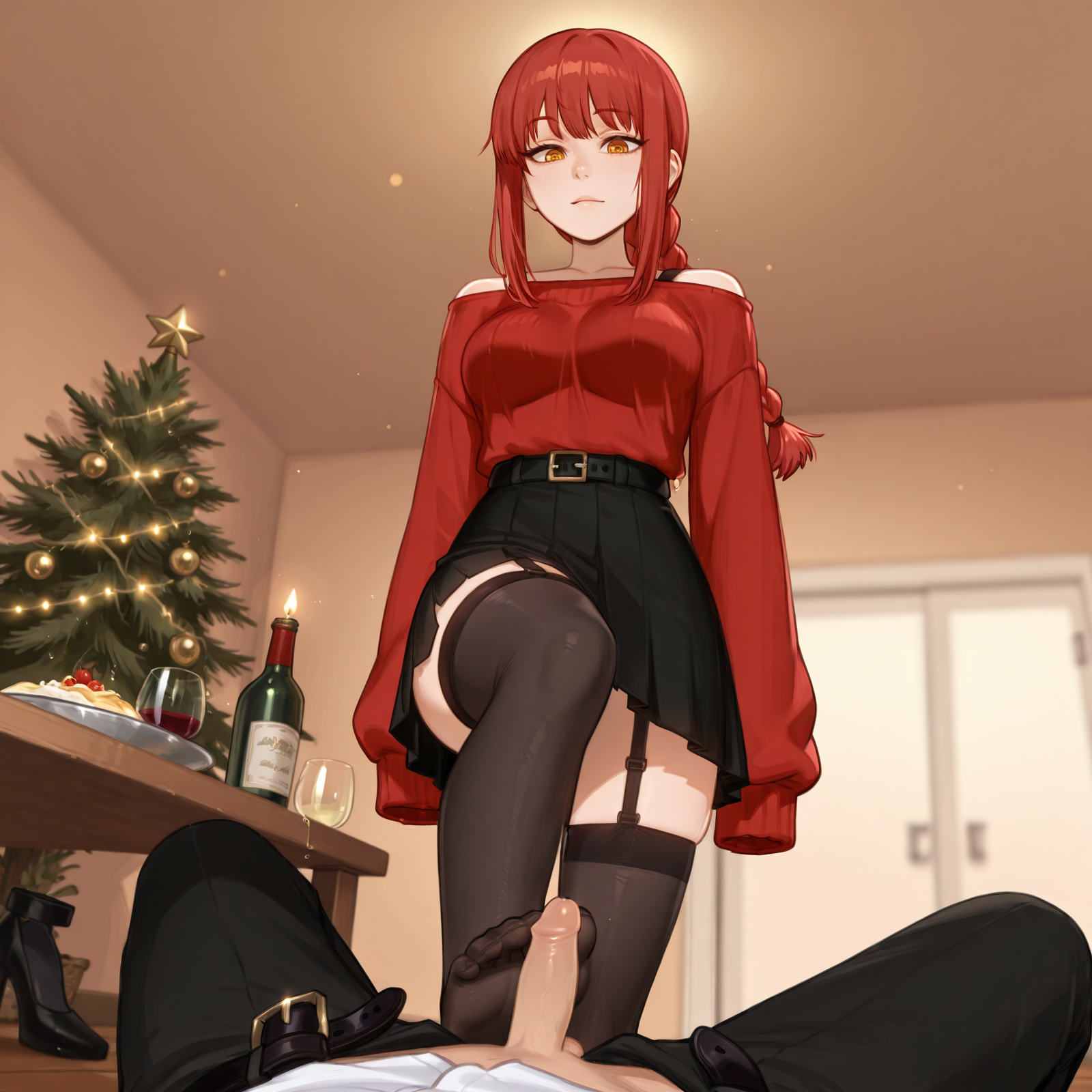 1boy, absurd res, ai generated, bangs, bare shoulders, belt, black belt, black footwear, black pants, black skirt, blurry, blurry background, bottle, braid, braided ponytail, breasts, brokewyt, chainsaw man, christmas, christmas ornaments, christmas tree, closed mouth, clothed sex, cup, drinking glass, eyelashes, feet, female, femdom, food, footjob, garter straps, high heels, highres, indoors, long hair, long sleeves, looking at viewer, makima (chainsaw man), medium breasts, miniskirt, off shoulder, orange eyes, pants, penis, plate, pleated skirt, pov, red hair, red shirt, red sweater, ringed eyes, shirt, shirt tucked in, shoes, sidelocks, skirt, sleeves past fingers, sleeves past wrists, smile, solo focus, standing, straight, sweater, table, thighhighs, uncensored, wine glass, wooden floor, yellow eyes, zettai ryouiki