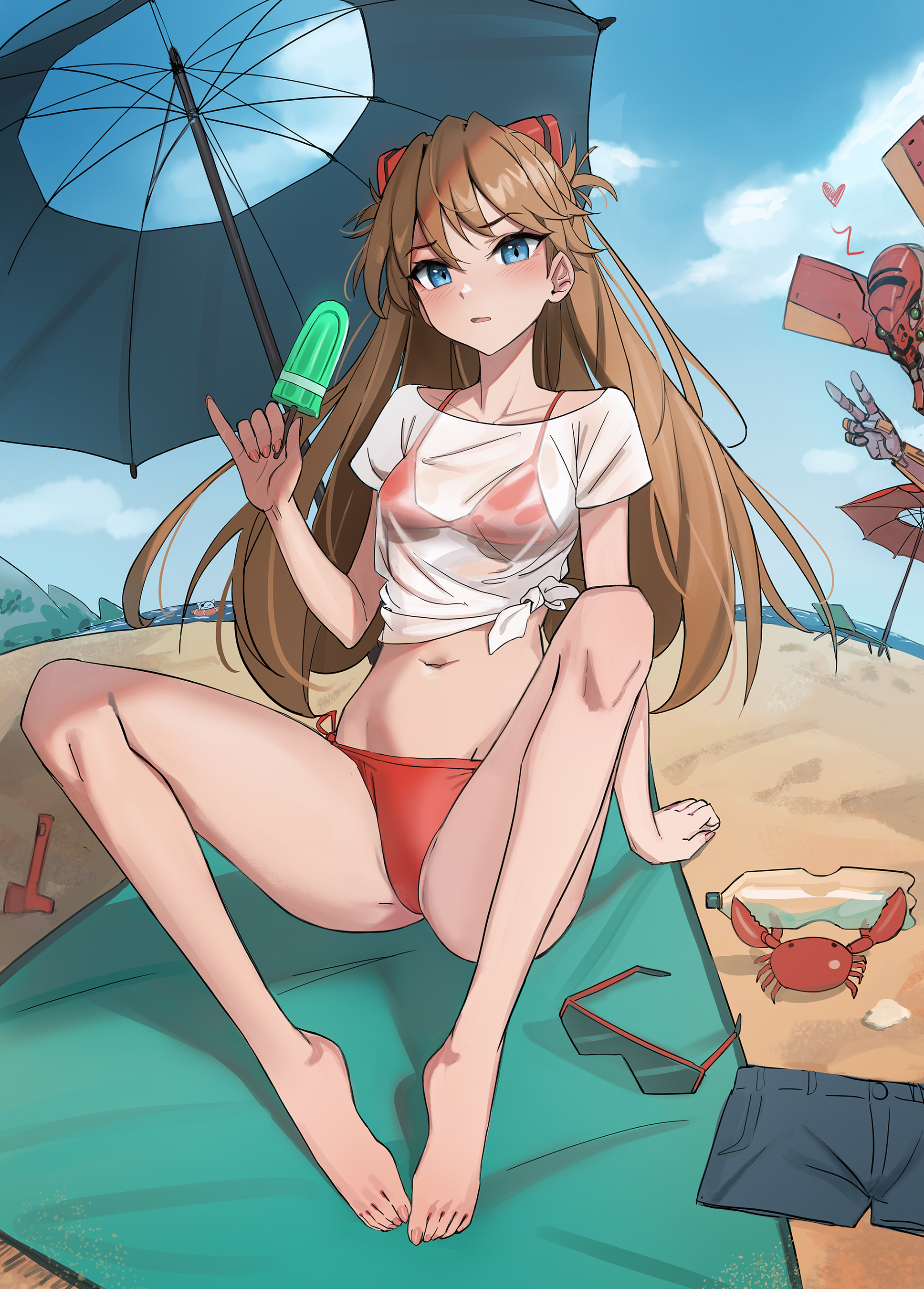 absurdres, asuka langley sohryu, barefoot, beach, bikini, blue eyes, blush, bottle, brown hair, crab, feet, female, food, highres, interface headset (evangelion), kiritzugu, long hair, looking at viewer, neon genesis evangelion, parasol, parted lips, popsicle, red bikini, see-through clothes, shorts, side-tie bikini, souryuu asuka langley, sunglasses, swimsuit, thighs, toes, tsundere, umbrella, water bottle