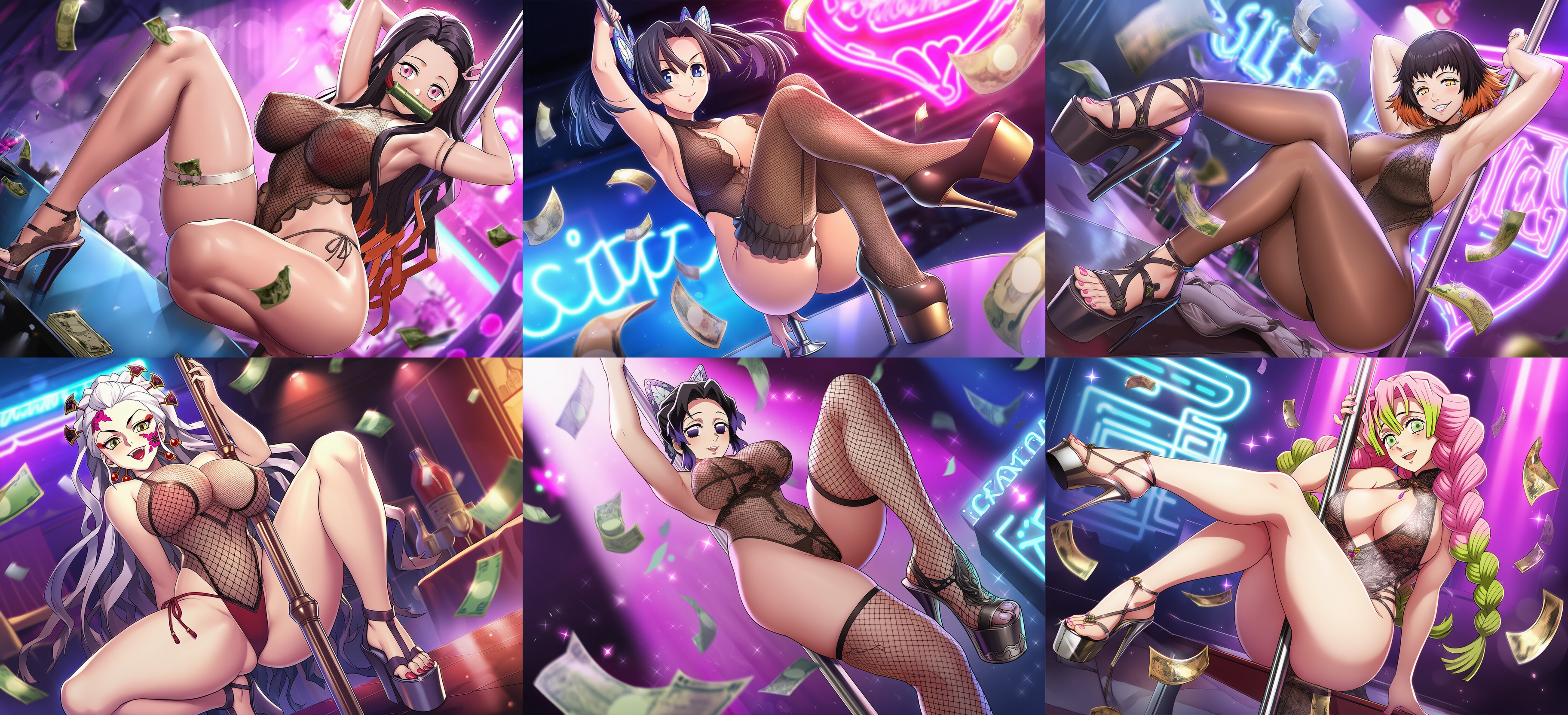 ai generated, club, daki (kimetsu no yaiba), dancing, demon slayer, female, female only, high heels, kanroji mitsuri, kanzaki aoi (kimetsu no yaiba), kimetsu no yaiba, lingerie, mitsuri, mitsuri kanroji, money, nezuko kamado, platform heels, stockings, striped body, stripes, stripper, stripper pole, susamaru