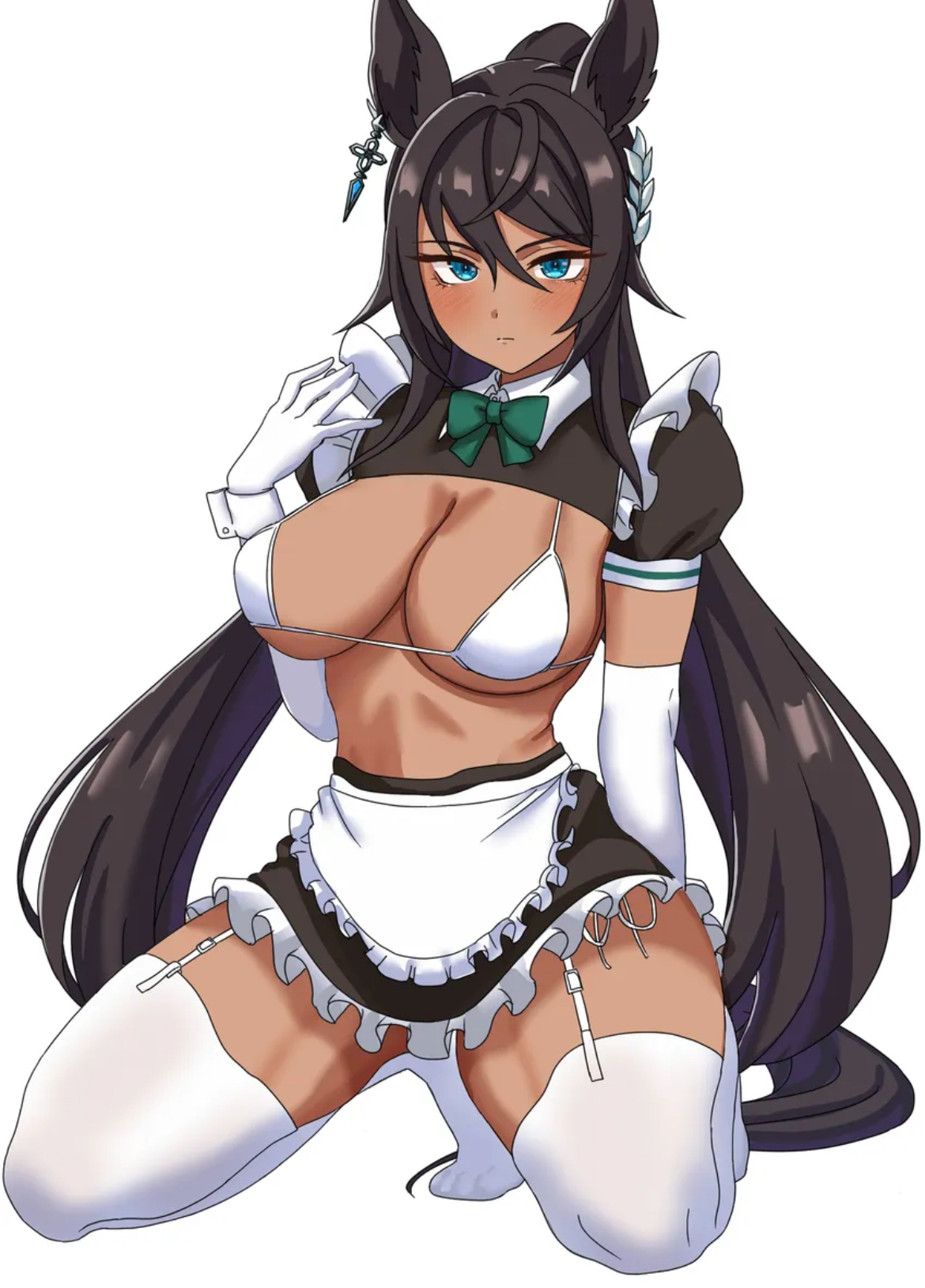 alternate version at source, alternate version available, big breasts, big thighs, bikini top, blue eyes, breasts, brown body, brown hair, brown skin, cleavage, cleavage overflow, curvy, cute, cute face, dark-skinned female, female, female focus, female only, horse, horse ears, horse girl, horse tail, kneeling, looking at viewer, maid, maid headdress, maid skirt, maid uniform, revealing, revealing breasts, sexy, sexy body, sexy pose, skimpy, skimpy clothes, solo, solo female, solo focus, symboli kris s (umamusume), thick thighs, thighs, tiny waist, umamusume, umamusume pretty derby