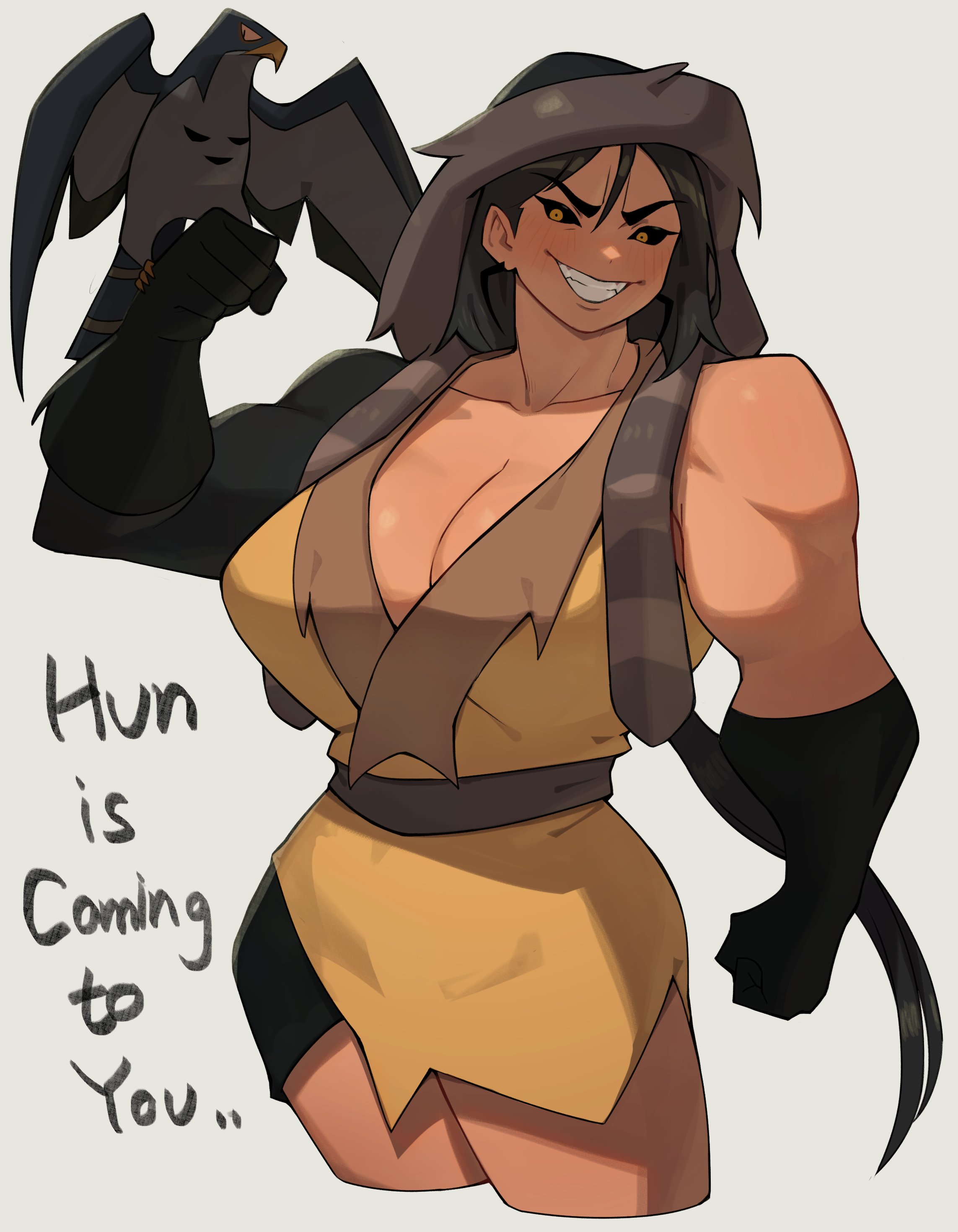 1girls, 2025, animal, big breasts, black hair, black sclera, blush, cleavage, disney, disney villains, english text, female, female only, flowerpigeon73, genderswap (mtf), grin, grinning at viewer, hawk, hood, looking at viewer, mulan, mulan (1998 film), muscular, muscular female, rule 63, shan yu, smiling, smiling at viewer, solo, text, very high resolution, white background, yellow eyes