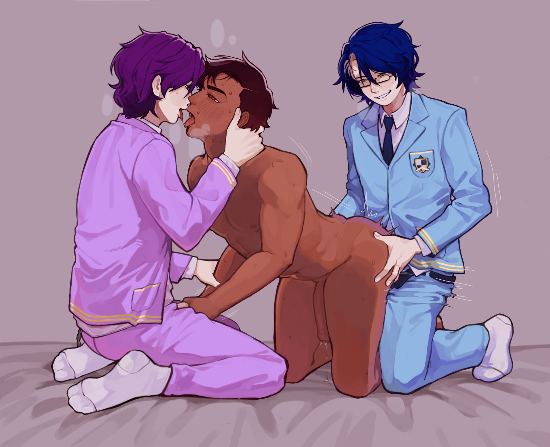 2026, 3boys, aletris (chl0rine), anal, anal sex, aster (chl0rine), blue hair, brothers, brothers (lore), brown hair, collar, collared shirt, dark skin, dark-skinned male, double team, formal clothes, gay, gay sex, glasses, grey background, hand on ass, hand on neck, hand on penis, handjob, handjob while penetrated, hands on ass, jerking off, jerking off another, kissing, kissing while penetrated, light skin, light-skinned male, light-skinned male/dark-skinned male, male, male only, male penetrated, male penetrating, male/male, minominoks, naked, naked male, nude, nude male, on knees, penetrated, penetration, penetration from behind, penis, penis in hand, precum, precum drip, purple hair, roland (chl0rine), school uniform, shirt, socks, socks on, stroking penis, threesome, tie, tongue, tongue kiss, tongue out, twink, twink top, twins, twins (lore), yaoi