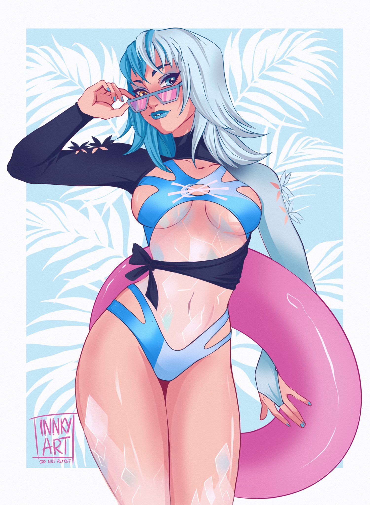 adjusting eyewear, big breasts, breasts, female, female only, innkyart, looking over eyewear, looking over sunglasses, luna snow, luna snow (cool summer), luna snow (marvel rivals), marvel, marvel rivals, solo, solo female, sunglasses, swimsuit, thighs, tinted eyewear