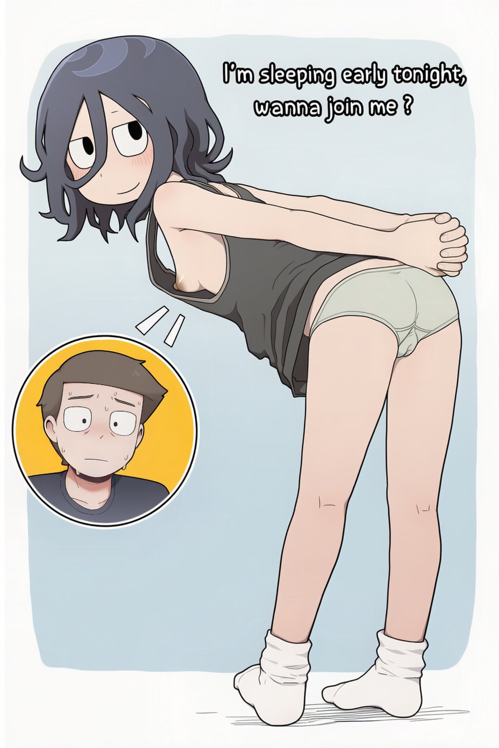 ai assisted, ai generated, angel martinez, black hair, brown hair, cameltoe, clinical trial (game), english text, kokenaart, lee smith, nipple slip, panties, perky breasts, reaction shot, short hair, small breasts, sweat