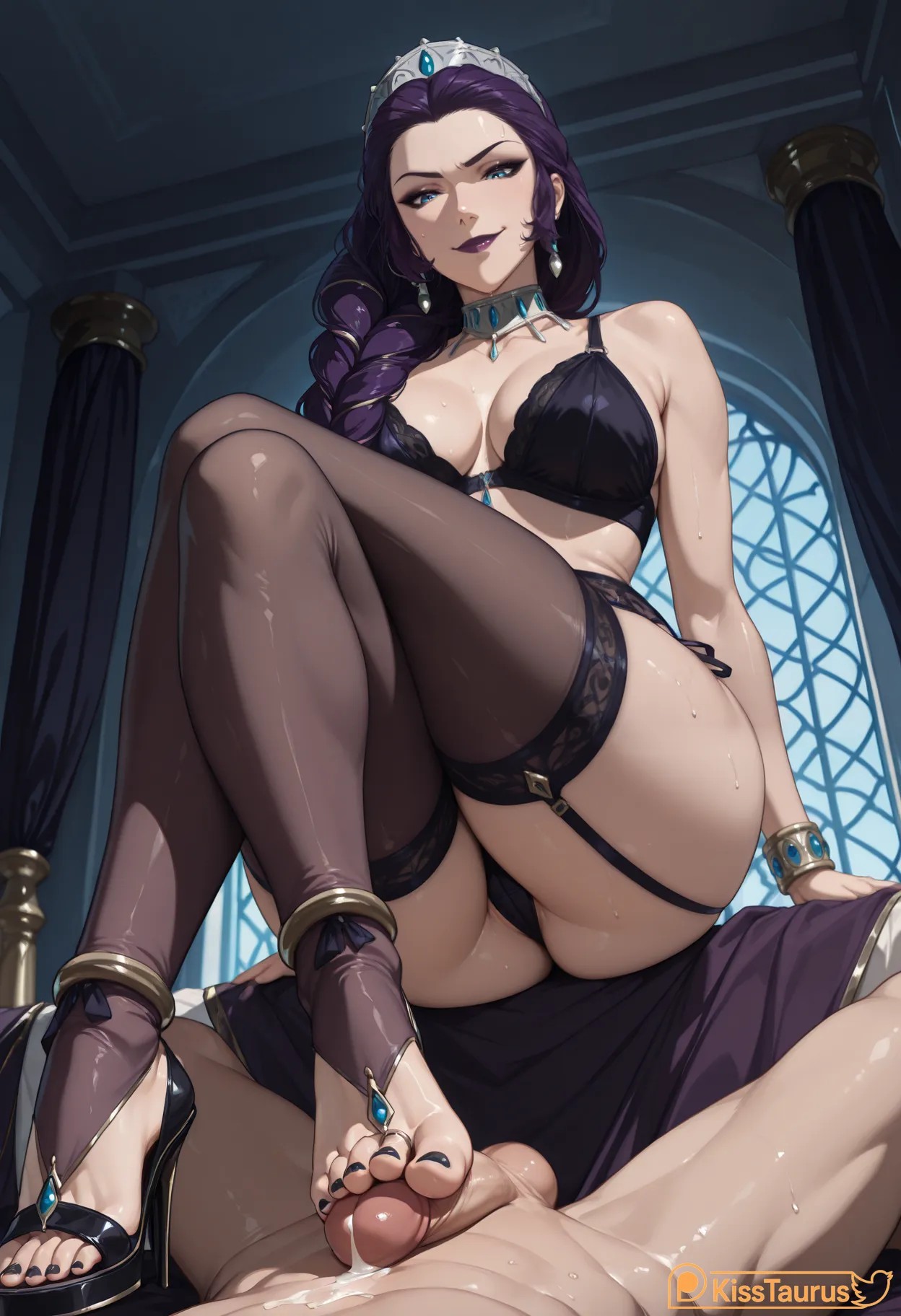 1boy, 1girl, ai generated, anklet, artist name, ass, black bra, black nails, black panties, black thighhighs, blood of zeus, blue eyes, bondage, bra, bracelet, braid, braided ponytail, breasts, choker, cleavage, crossed legs, cum, dominatrix, earrings, erection, feet, female, femdom, footjob, garter straps, hera, hera (blood of zeus), high heels, indoors, jewelry, kisstaurus, large breasts, legs, lipstick, long hair, looking at viewer, mole, nail polish, panties, patreon logo, patreon username, penis, pov, purple hair, sitting, smile, solo focus, straight, strappy heels, sweat, thighhighs, thighs, tiara, toe ring, toeless legwear, toenail polish, toenails, toes, uncensored, underwear, urethra